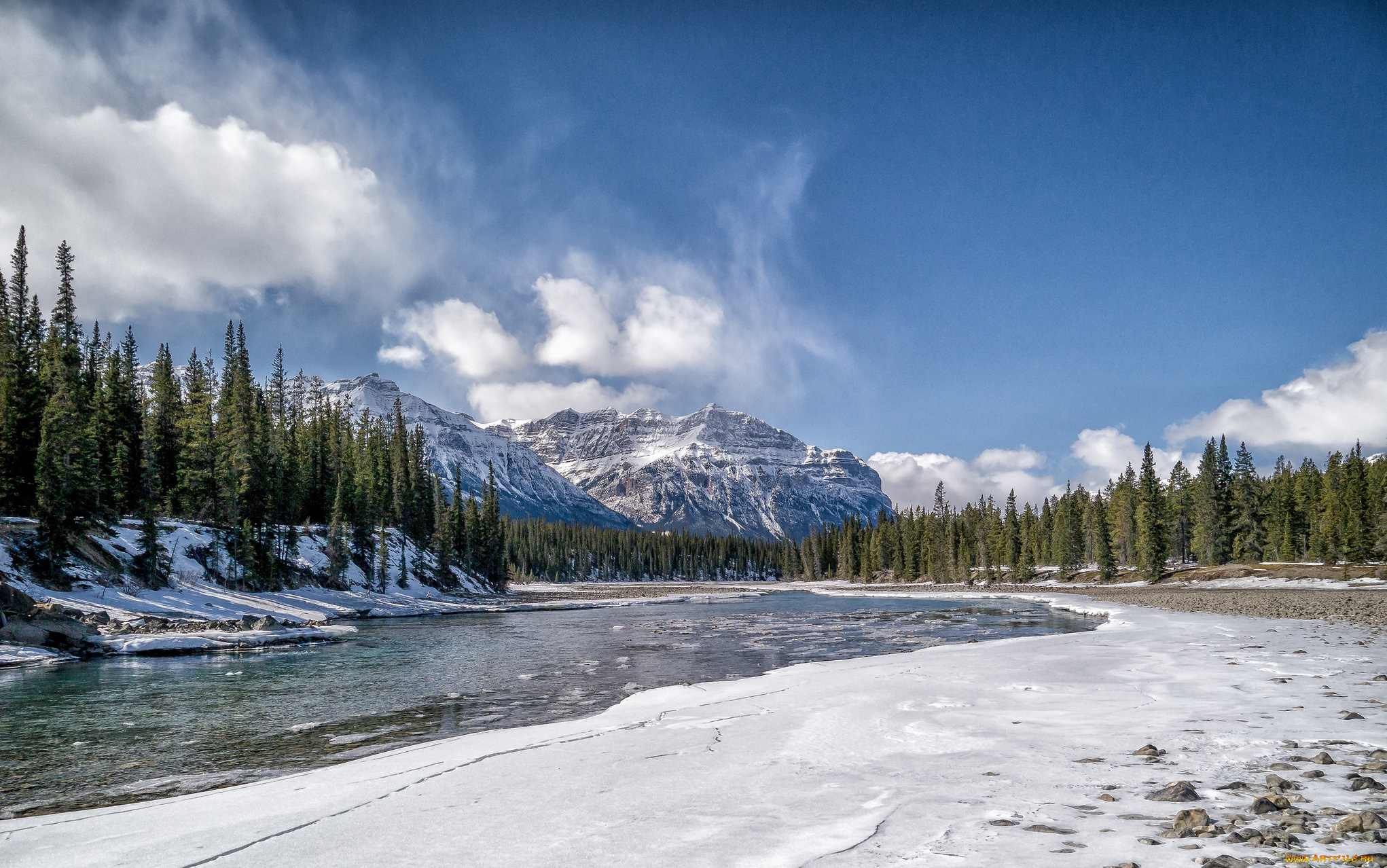 природа, реки, озера, облака, лед, снег, река, лес, горы, зима