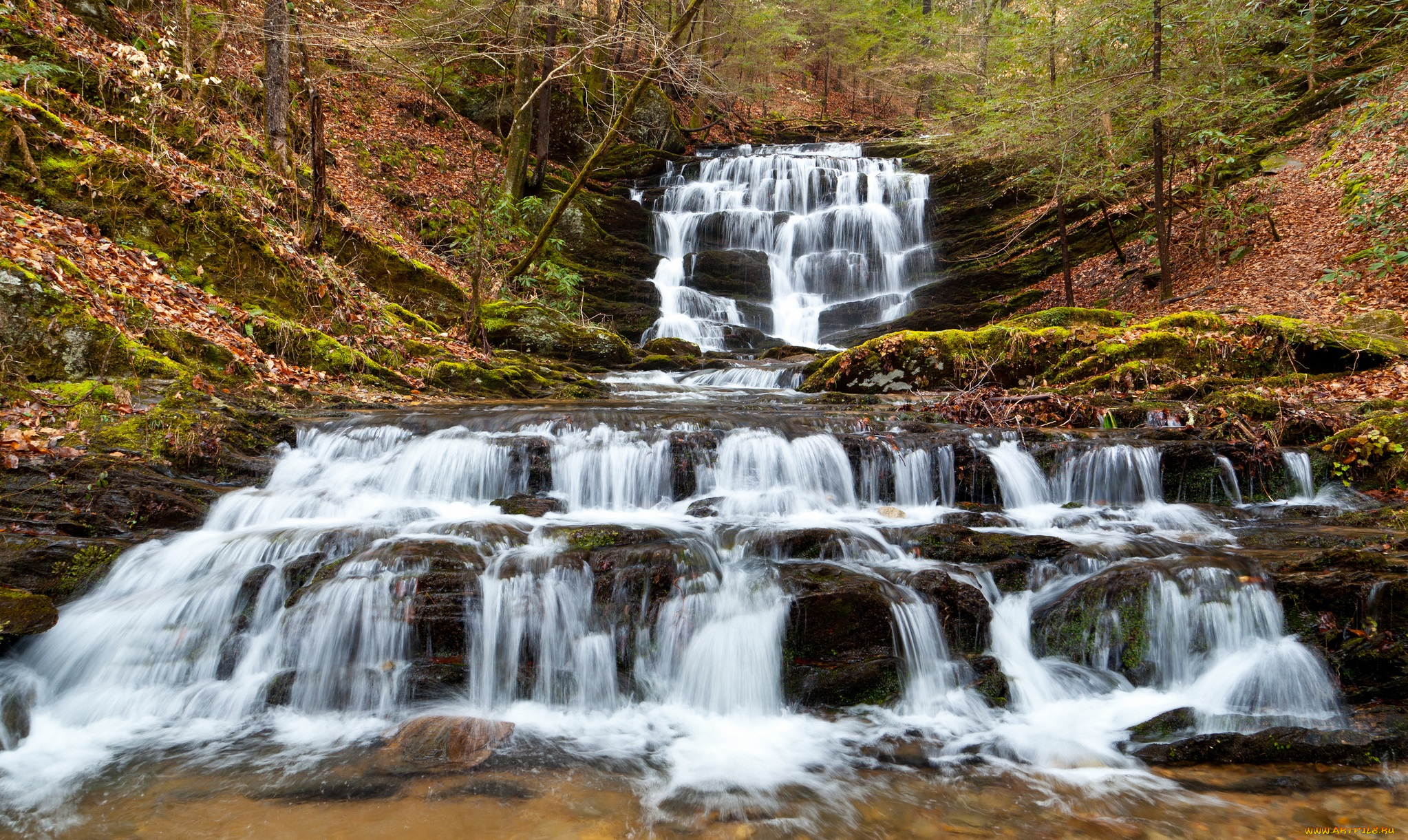 природа, водопады, каскад, водопад, река, склон, лес