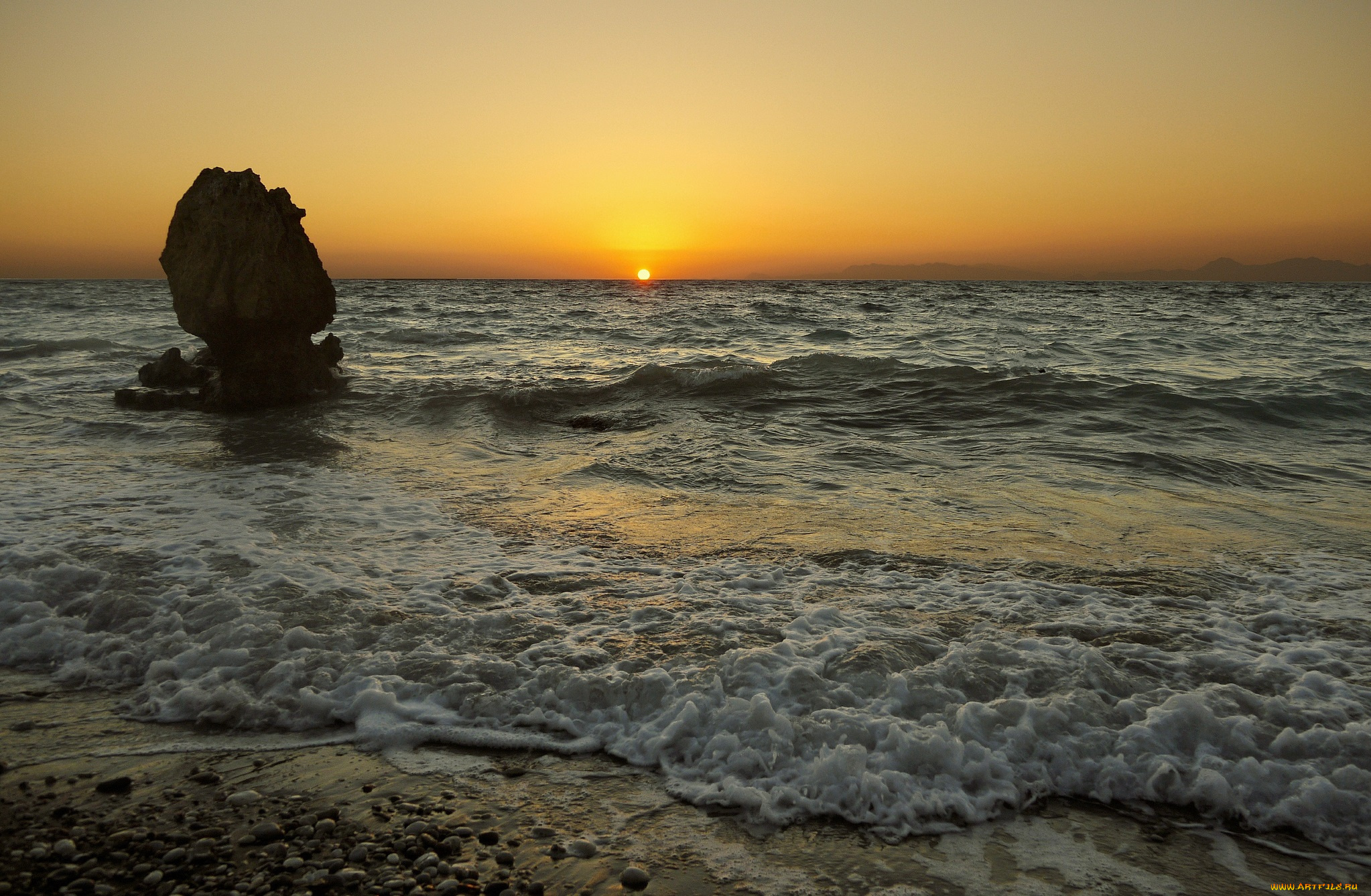 природа, восходы, закаты, солнце, горизонт, океан, волны, камень, пляж