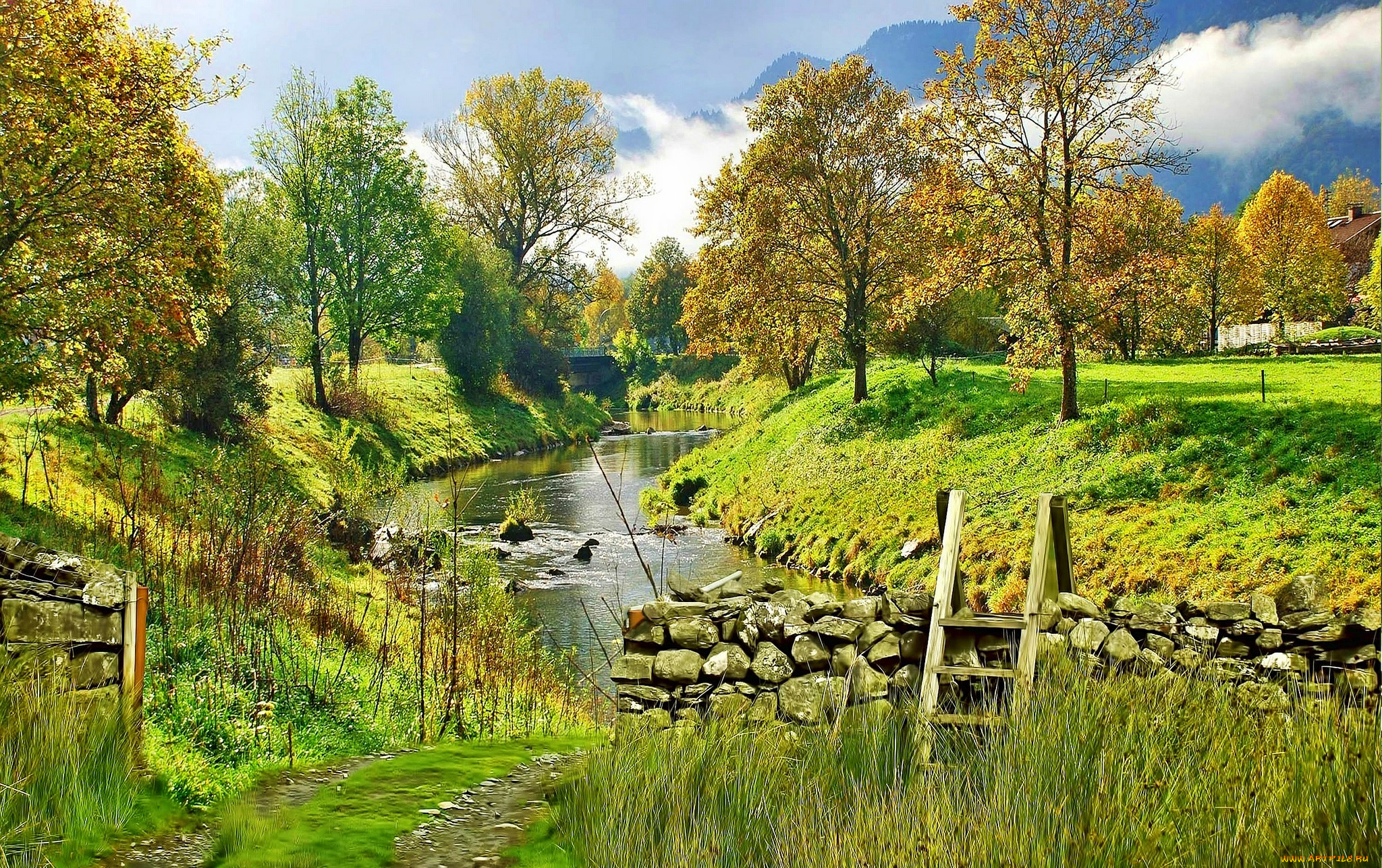 природа, реки, озера, трава, река, мост, деревья