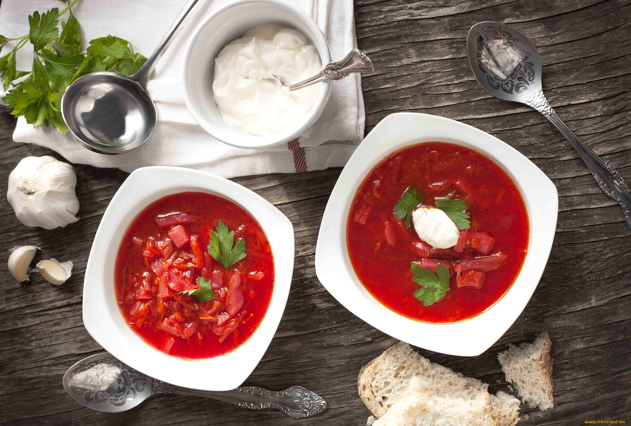 еда, первые, блюда, борщ, сметана, чеснок