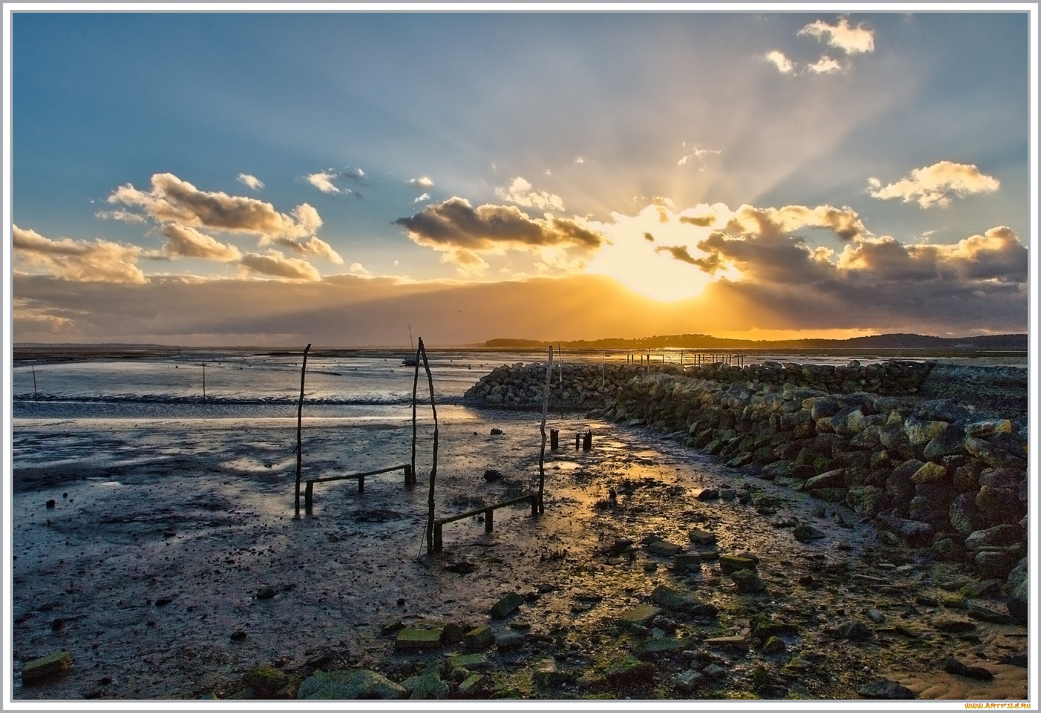 природа, восходы, закаты, океан, отлив, камни, трава, тучи, солнце, свет