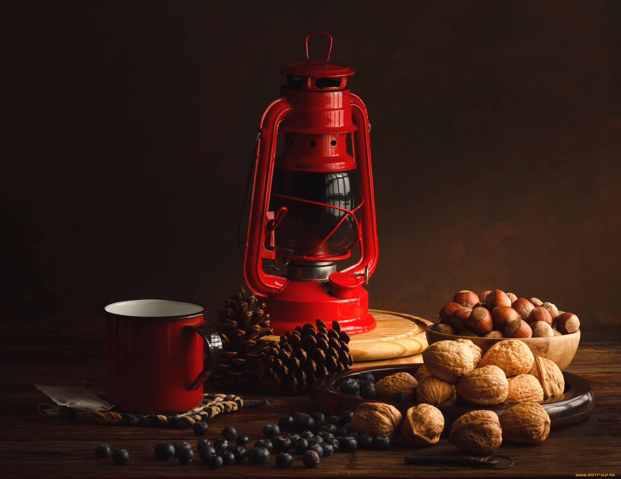 еда, натюрморт, фундук, грецкие, орехи, ягоды, шишка, фонарь