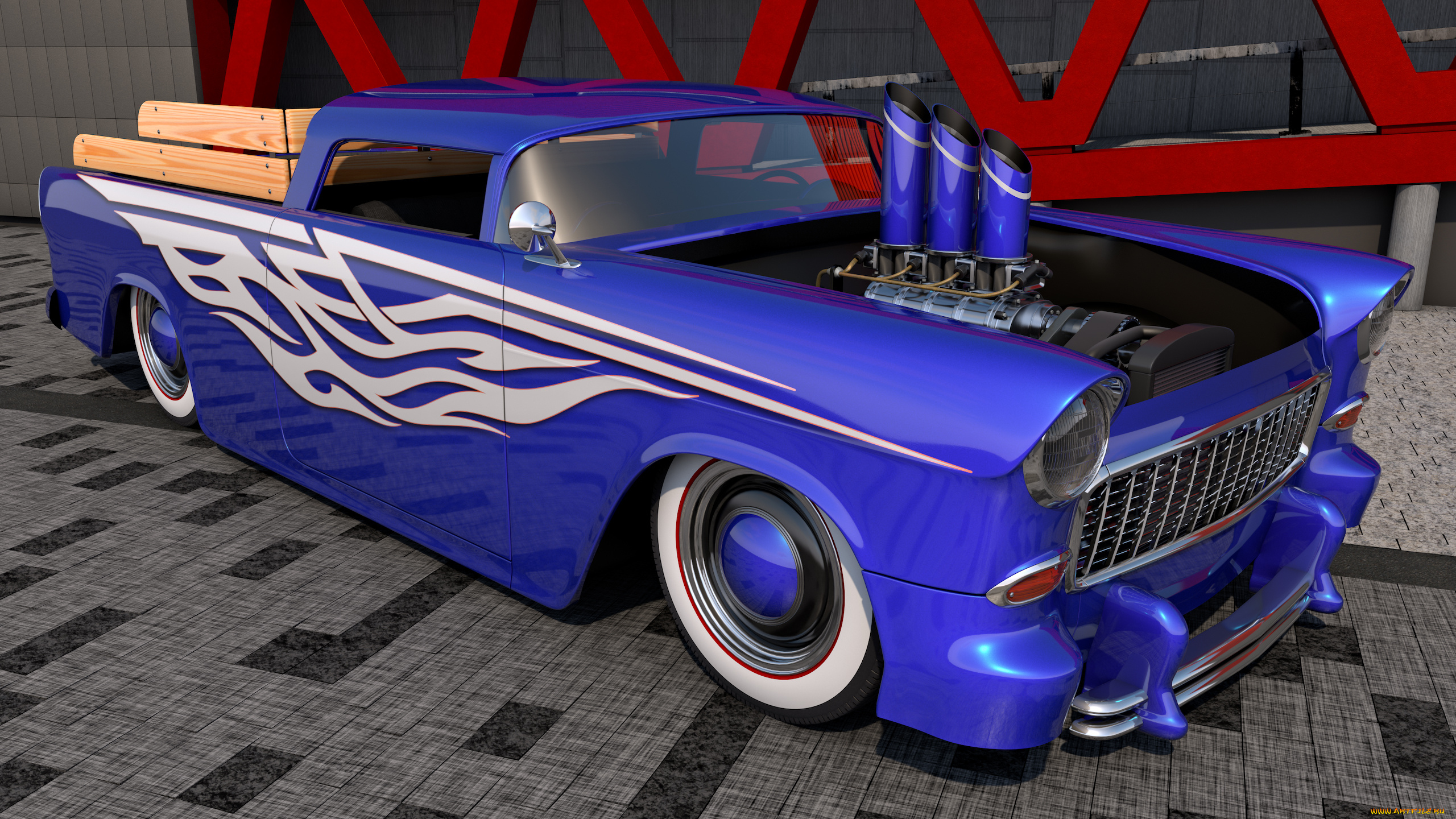 автомобили, 3д, 1955, chevrolet, bel, air, nomad, custom