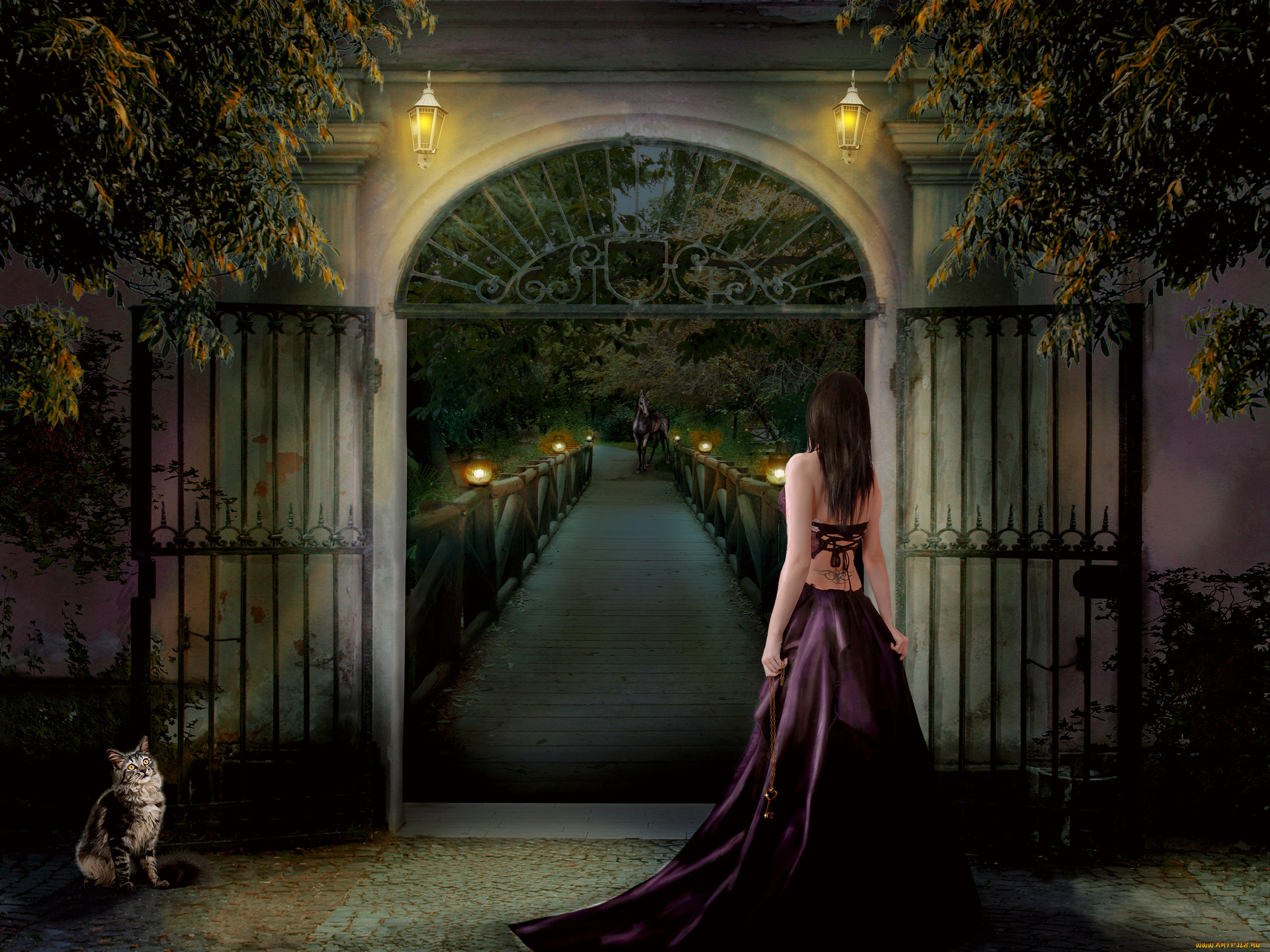 фэнтези, девушки, ворота, лошадь, конь