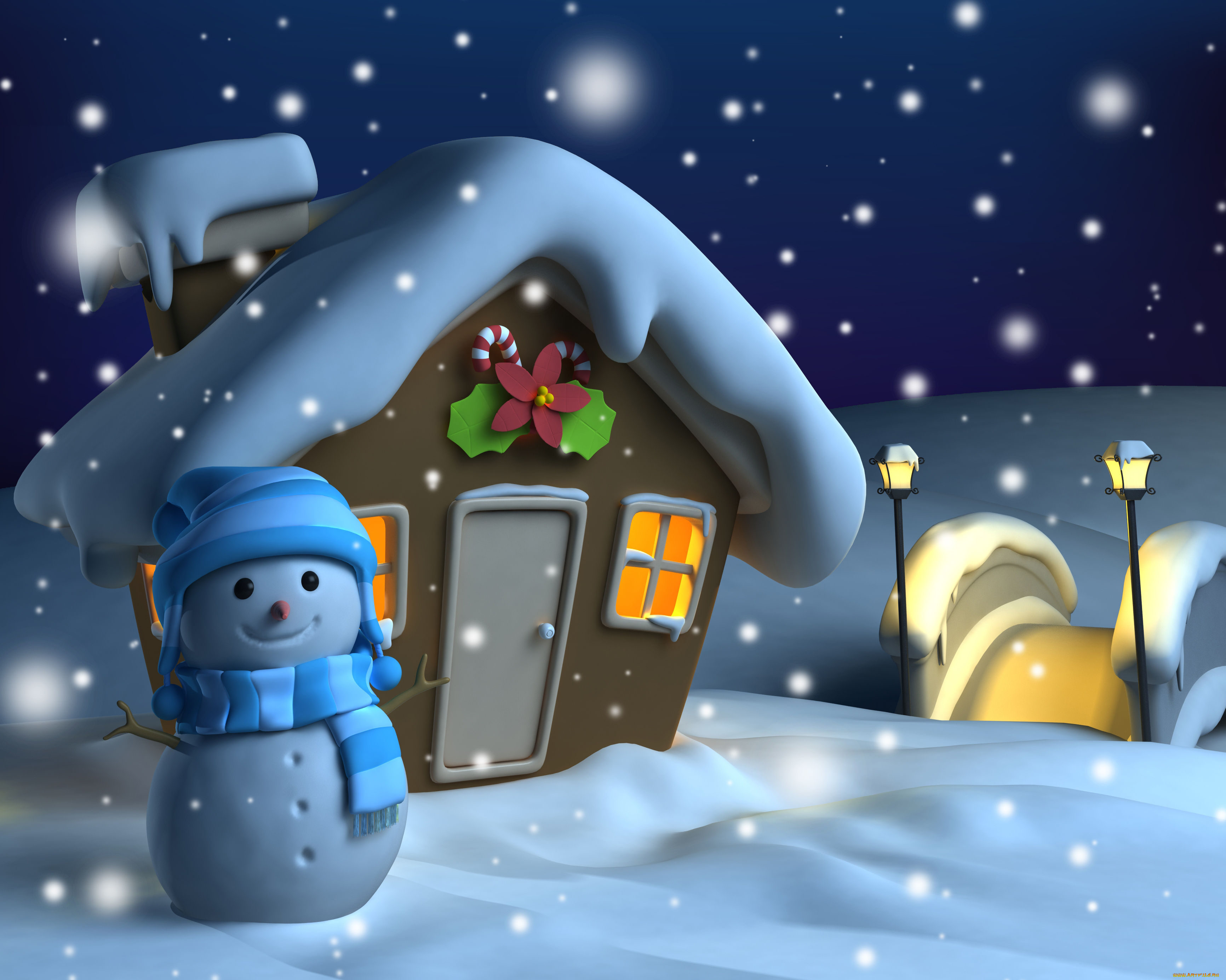 праздничные, 3д, графика, , новый, год, дом, снеговик