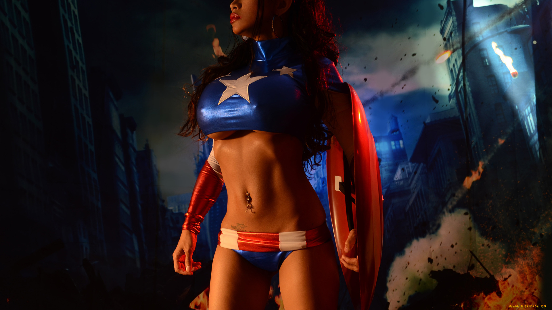 девушки, armie, flores, брюнетка, девушка, flores, armie, field, косплей, щит, форма, captain, поза, волосы, cosplay, тело, фигура, грудь, губы