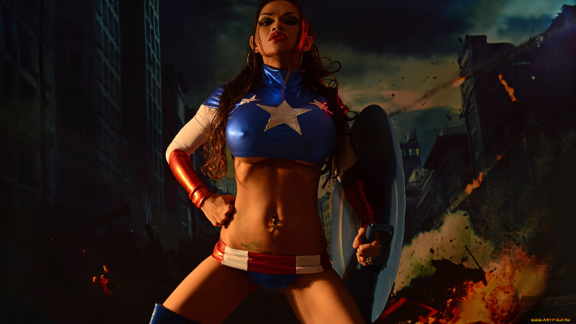 девушки, armie, flores, flores, девушка, тело, щит, поза, форма, captain, волосы, брюнетка, губы, cosplay, косплей, грудь, фигура, armie, field