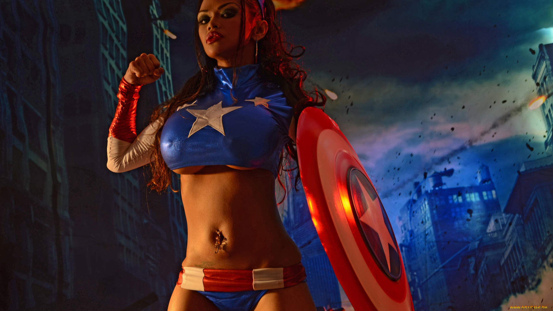 девушки, armie, flores, косплей, flores, captain, тело, щит, форма, поза, волосы, губы, armie, field, грудь, брюнетка, девушка, cosplay, фигура