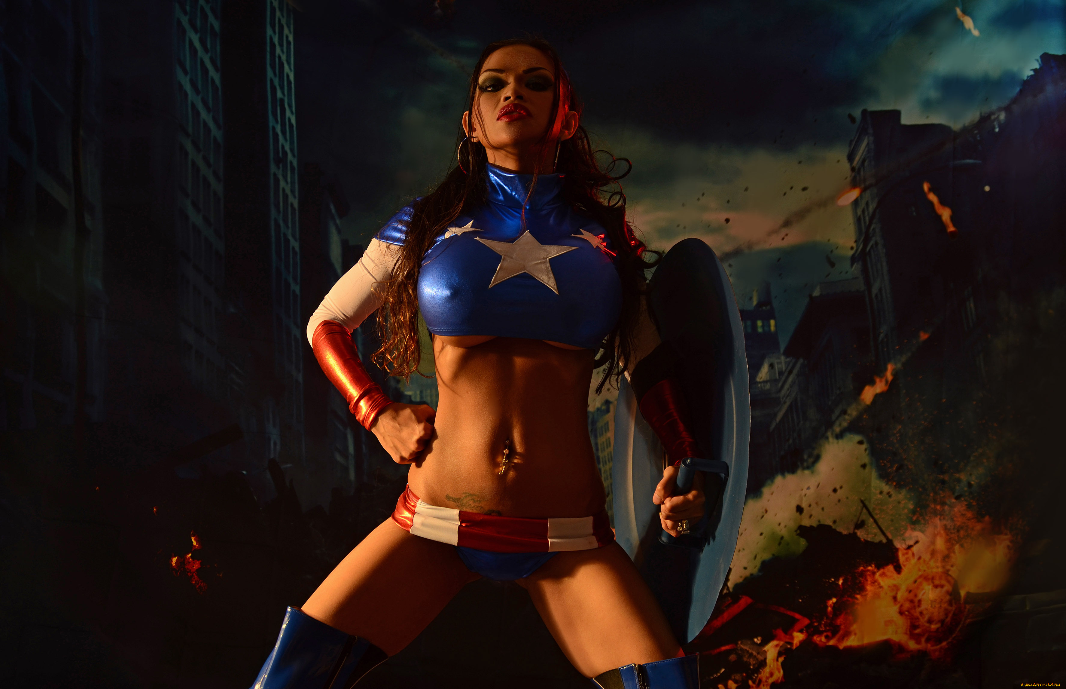 девушки, armie, flores, flores, девушка, тело, щит, поза, форма, captain, волосы, брюнетка, губы, cosplay, косплей, грудь, фигура, armie, field