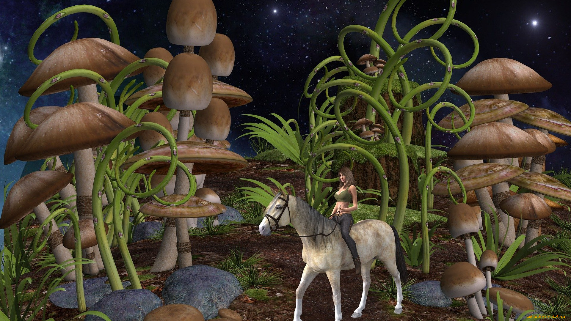 3д, графика, фантазия, , fantasy, фон, взгляд, девушка, лошадь