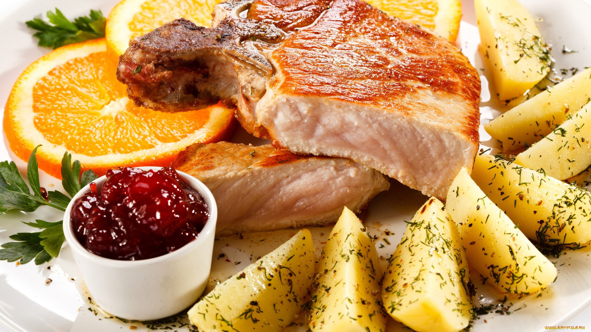 еда, мясные, блюда, апельсины, соус, ломтики, картофель, отбивная, косточка, свинина, петрушка