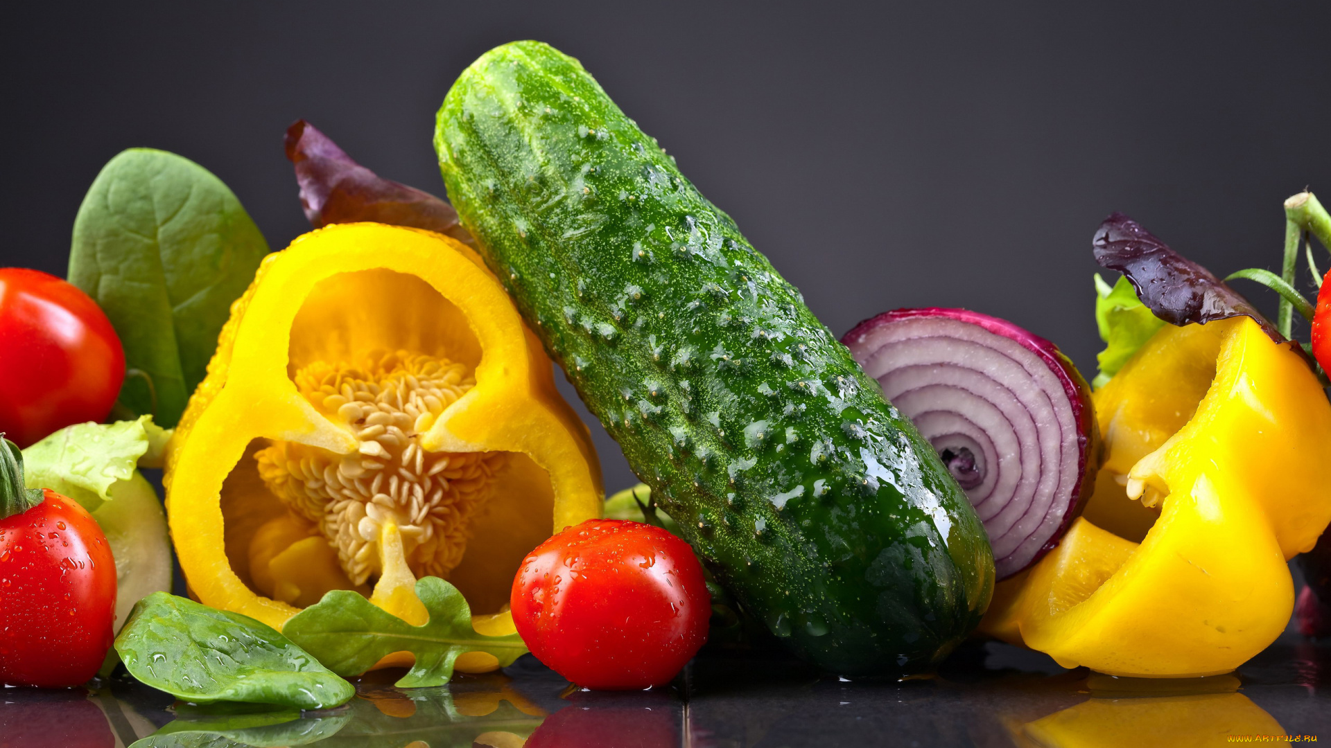 еда, овощи, помидор, огурец, перец, лук, шпинат