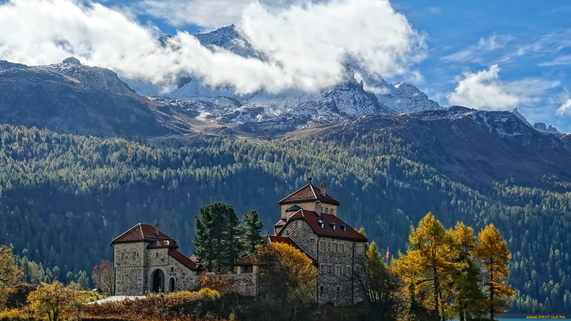 города, замки, швейцарии, замок, осень, швейцария, озеро, горы, санкт-мориц