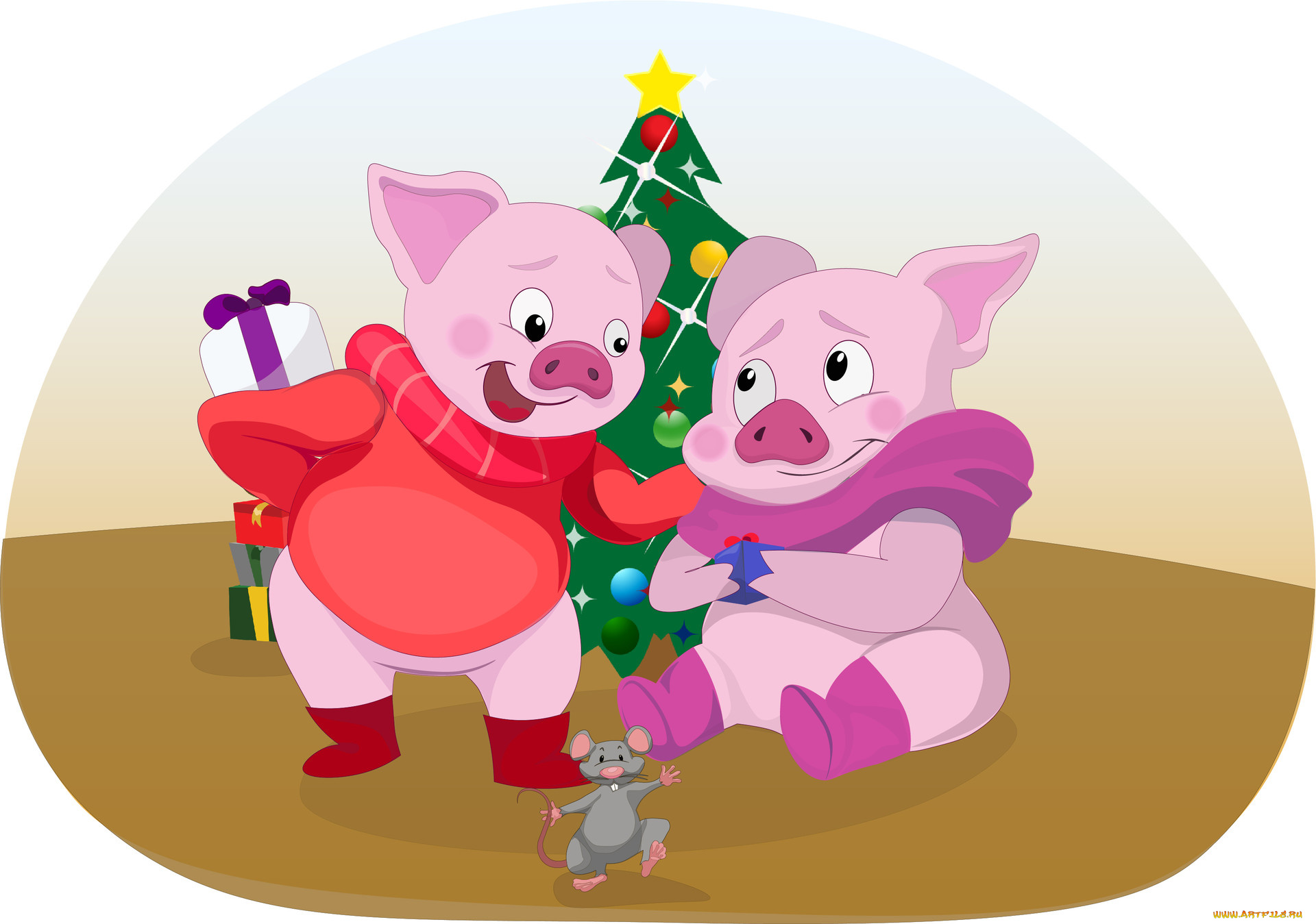 праздничные, векторная, графика, , новый, год, елка, фон, поросята