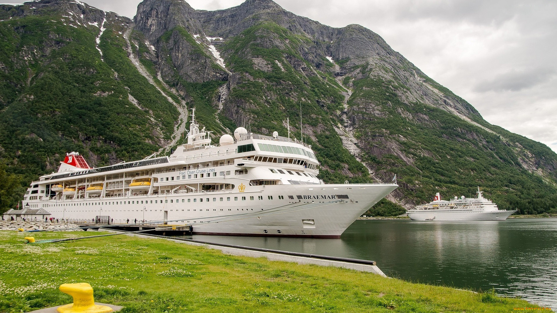 корабли, лайнеры, горы, лужайка, лайнер