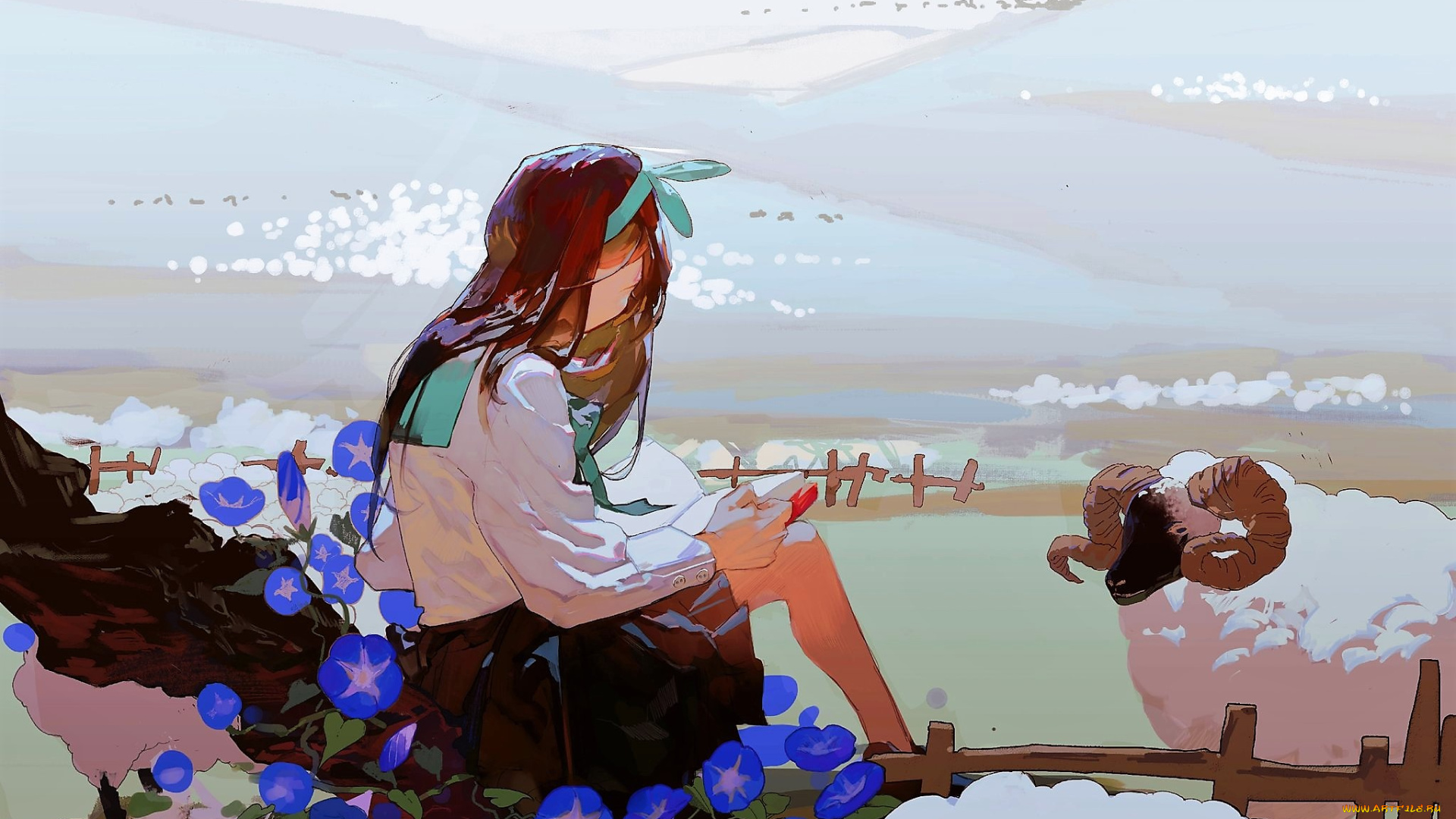 аниме, животные, , существа, девочка, цветы, бараны