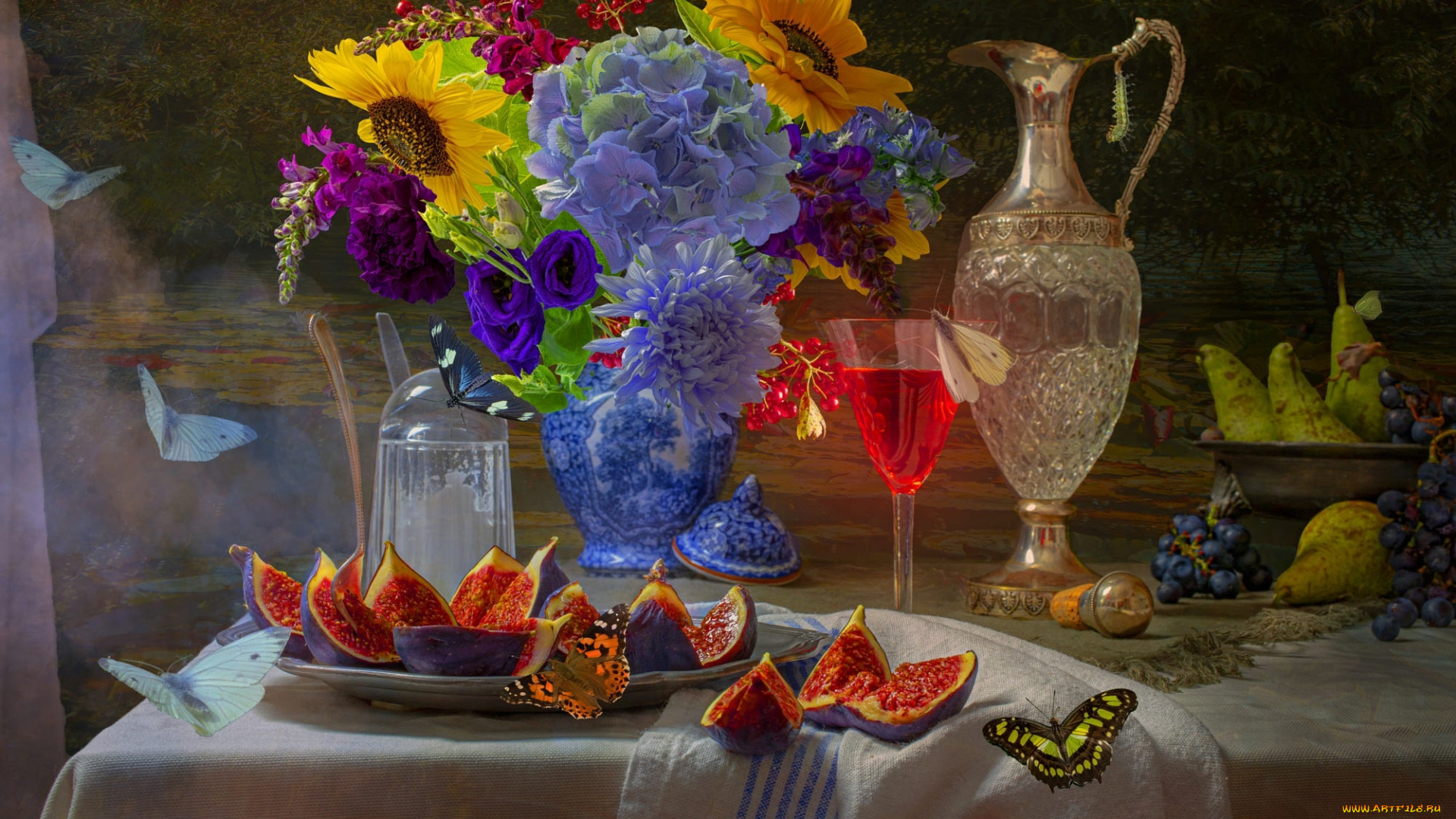 еда, натюрморт, букет, графин, инжир, груши, наливка