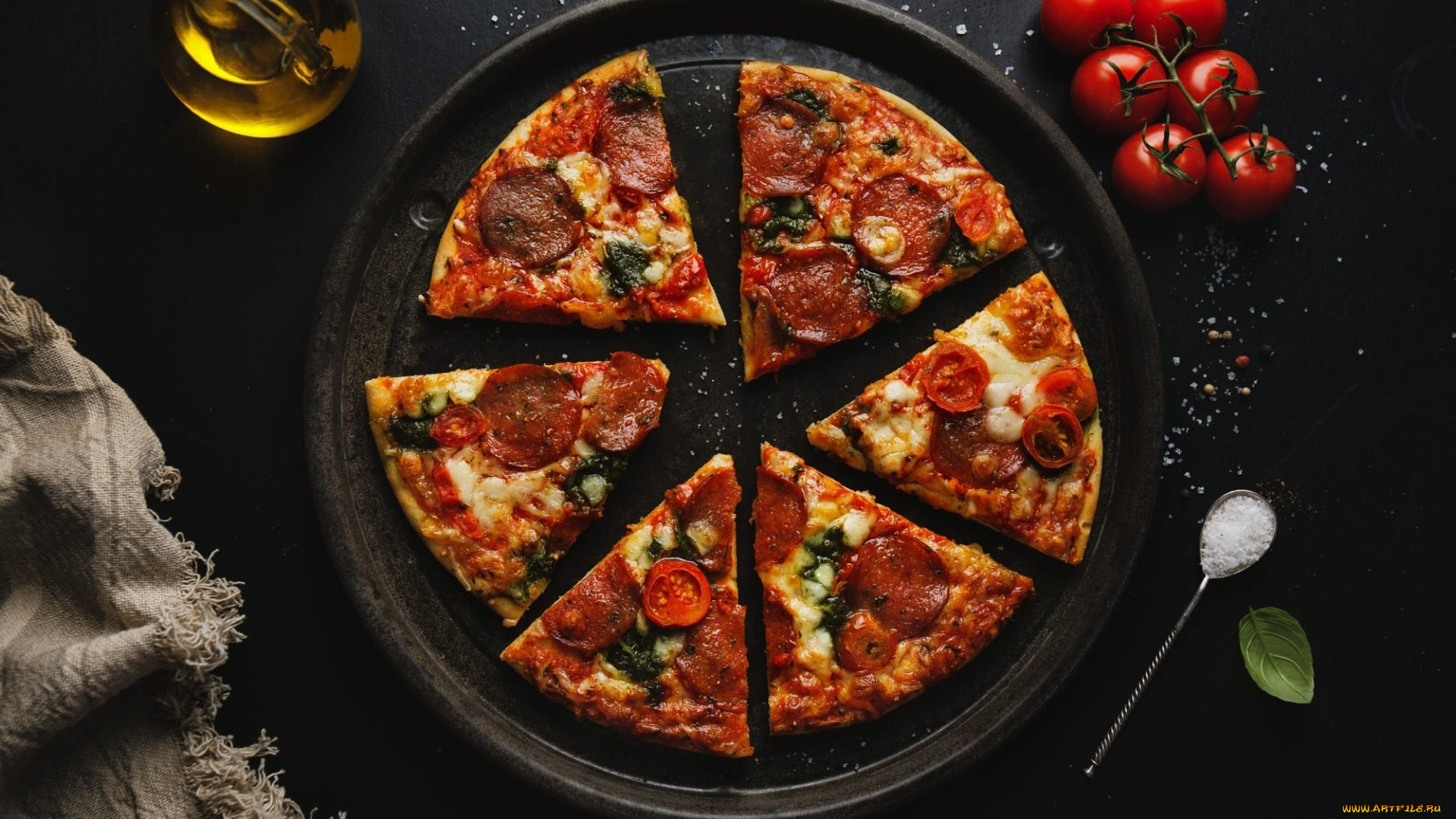 еда, пицца, ломтики, помидоры, масло
