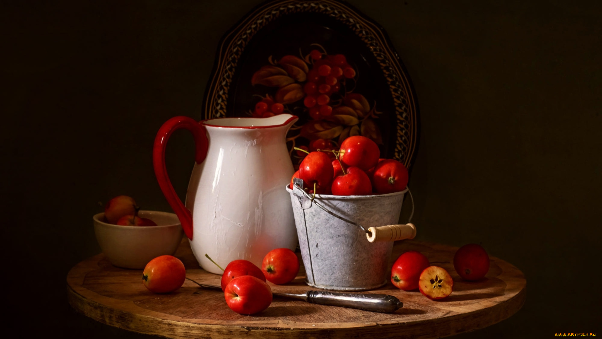 еда, яблоки, кувшин, красные, поднос, ведерко