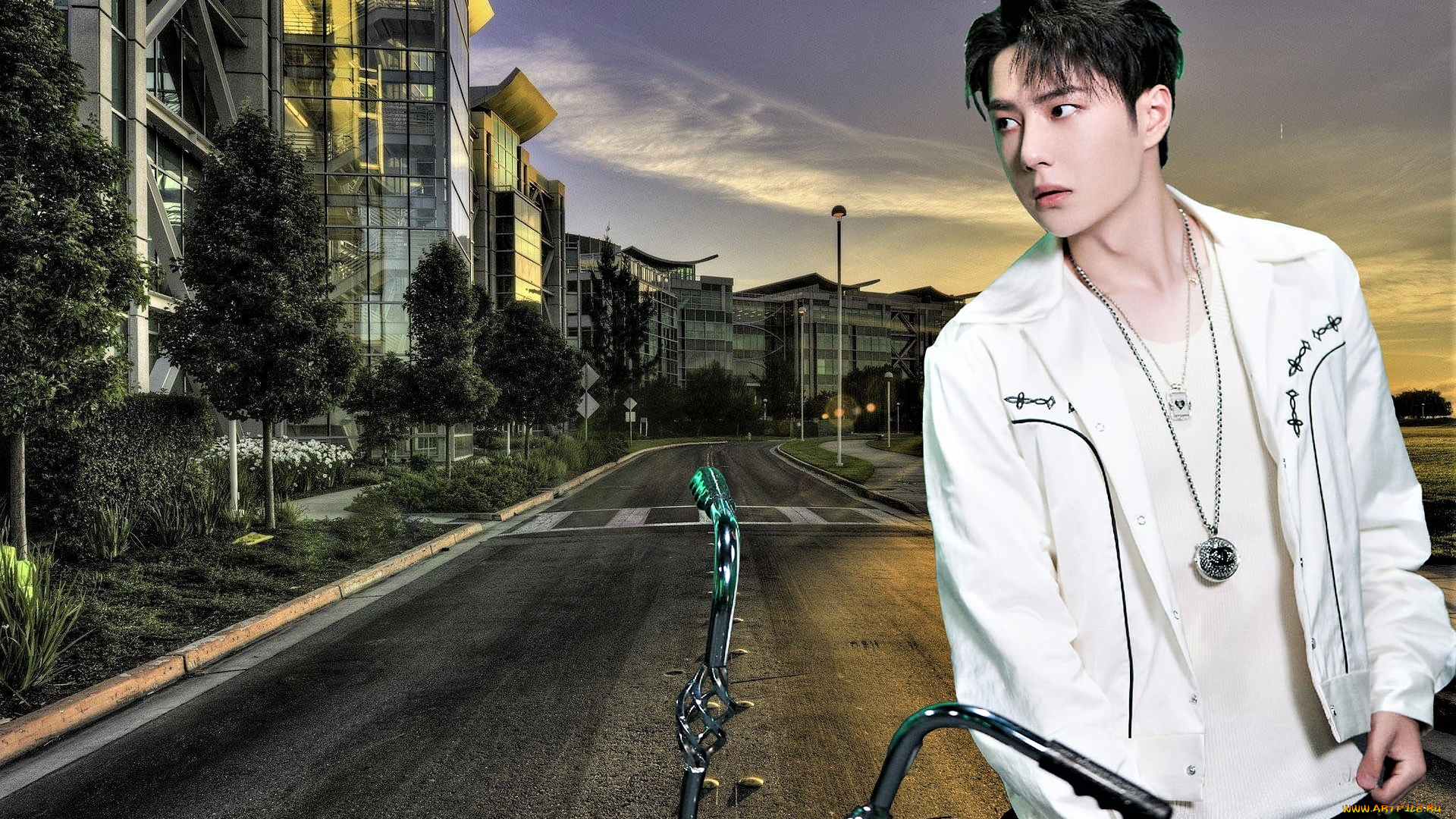 мужчины, wang, yi, bo, актер, певец, велосипед, куртка, кулон, улица