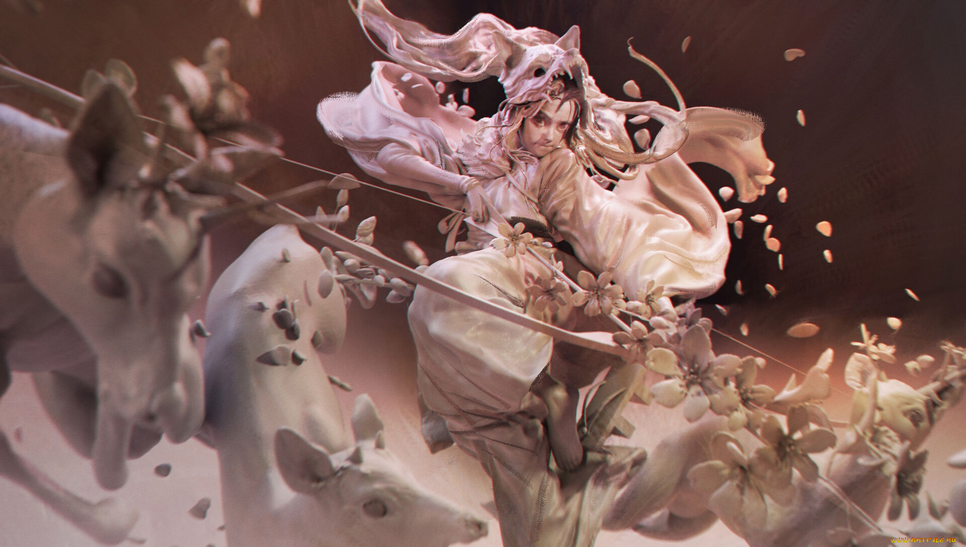 фэнтези, девушки, девушка, лук, цветы, олени