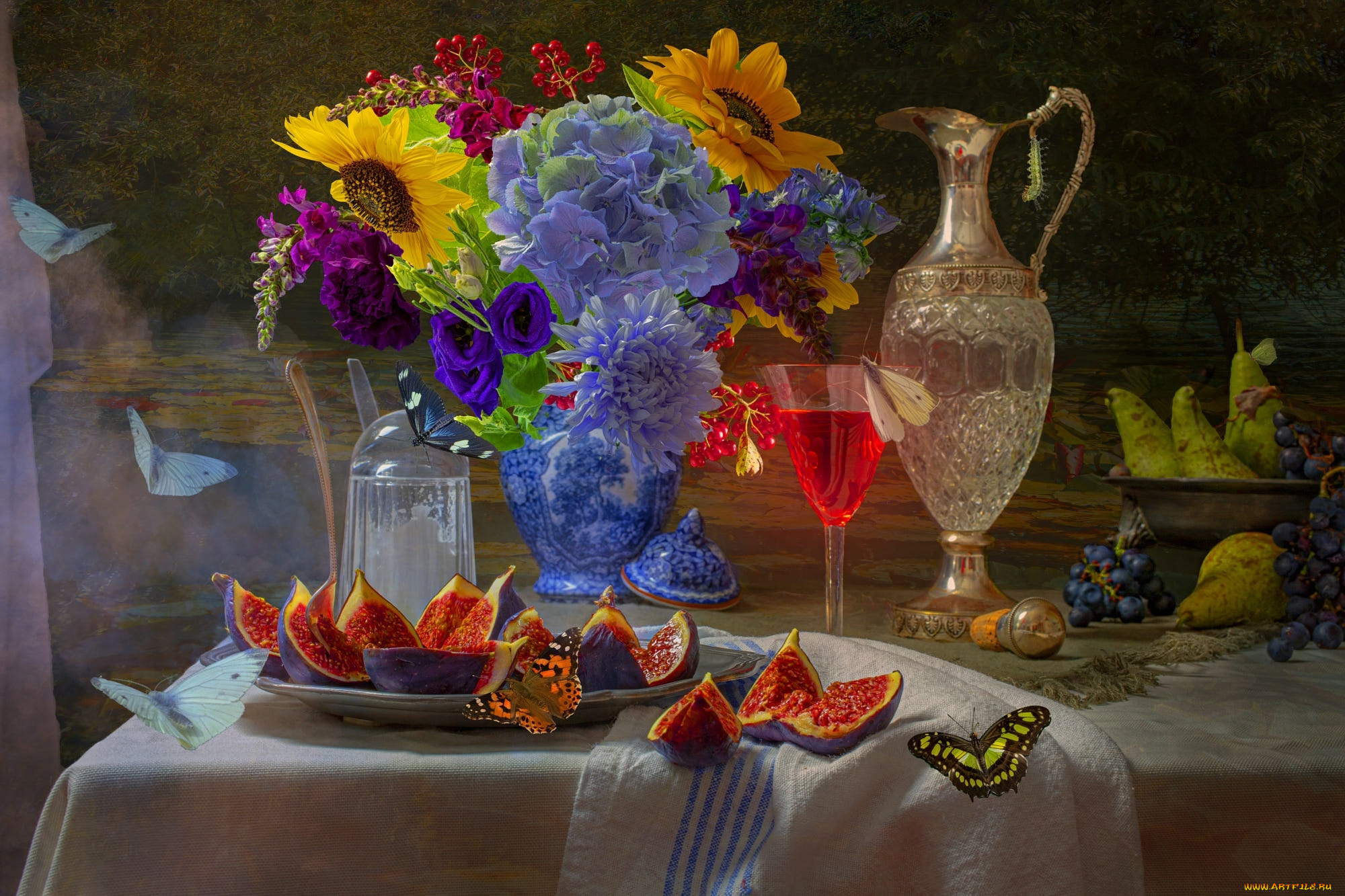 еда, натюрморт, букет, графин, инжир, груши, наливка