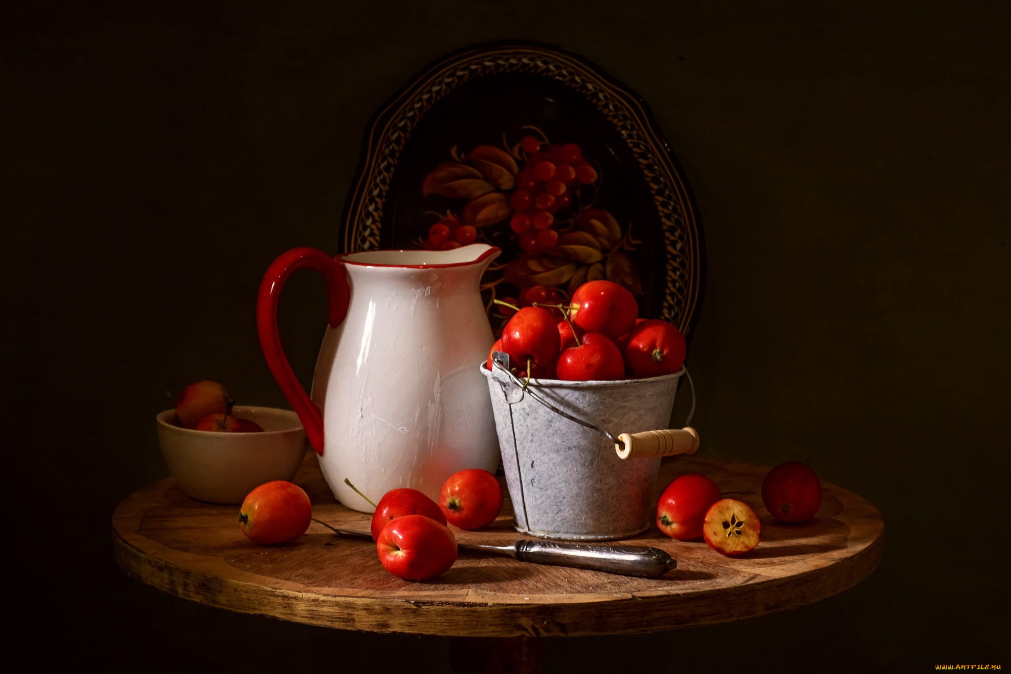 еда, яблоки, кувшин, красные, поднос, ведерко