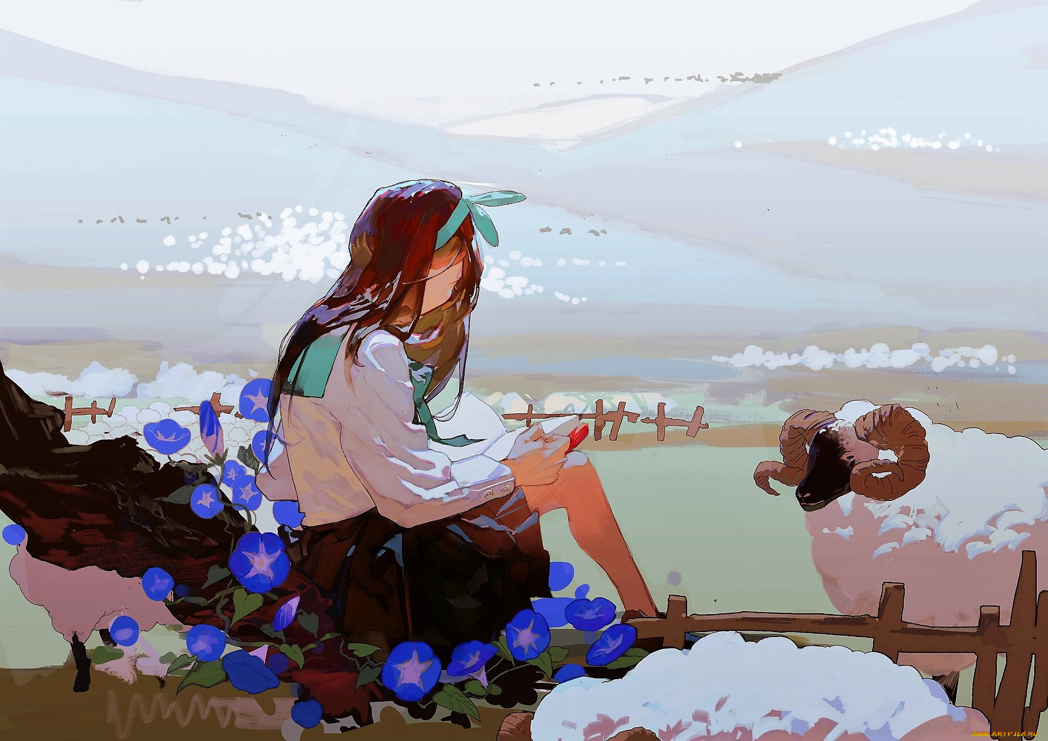 аниме, животные, , существа, девочка, цветы, бараны