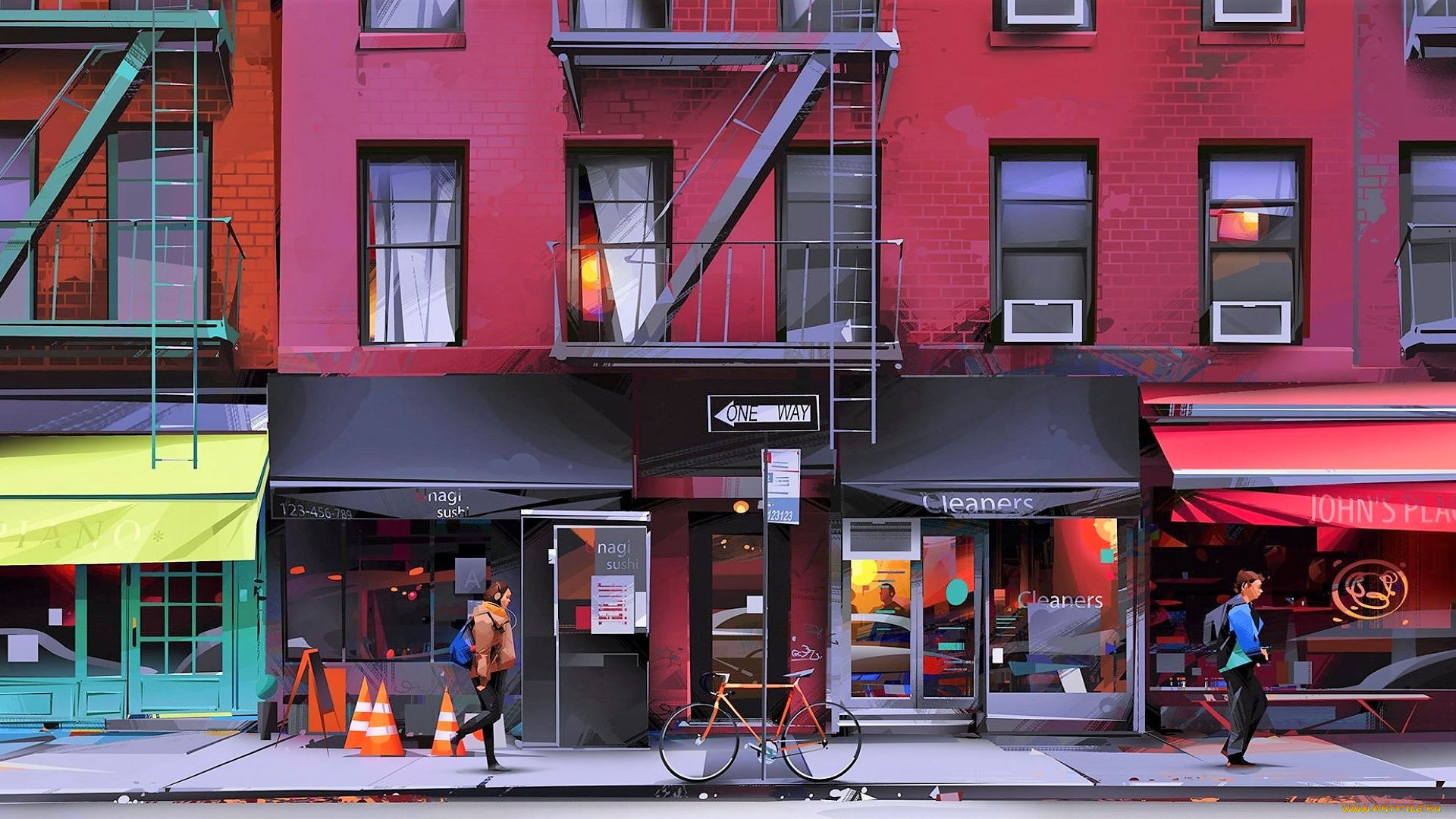 рисованное, города, дом, магазины, улица, люди, велосипед