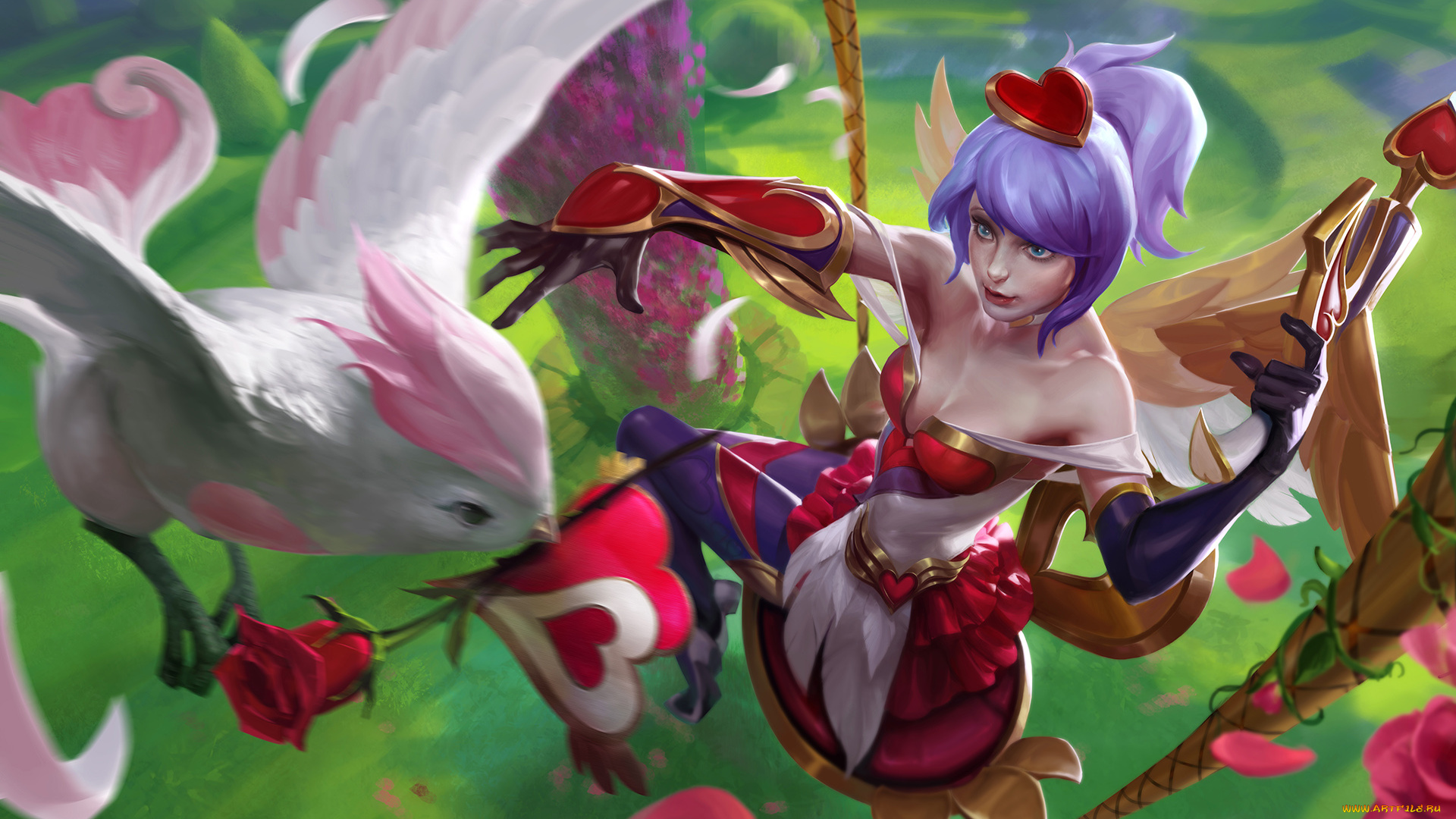 видео, игры, league, of, legends, девушка, фон, взгляд, птица, роза, quinn