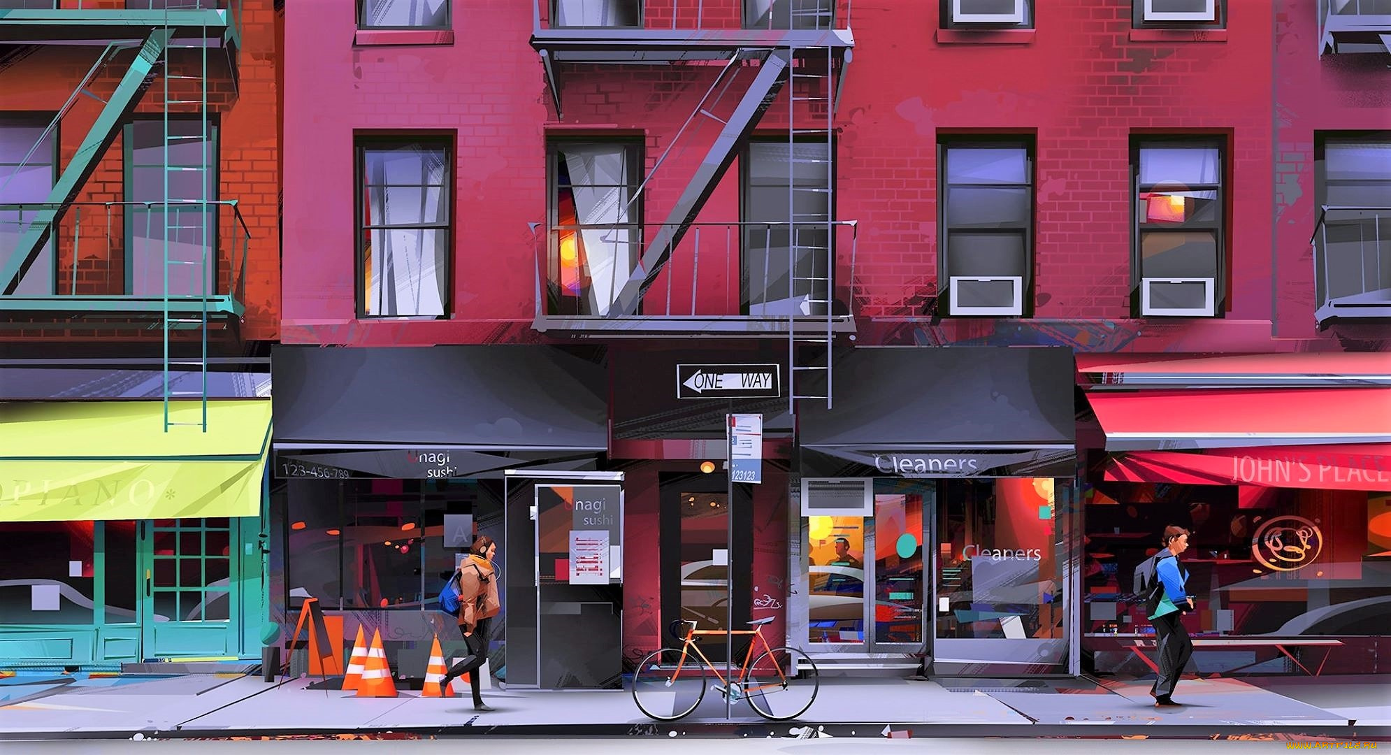 рисованное, города, дом, магазины, улица, люди, велосипед