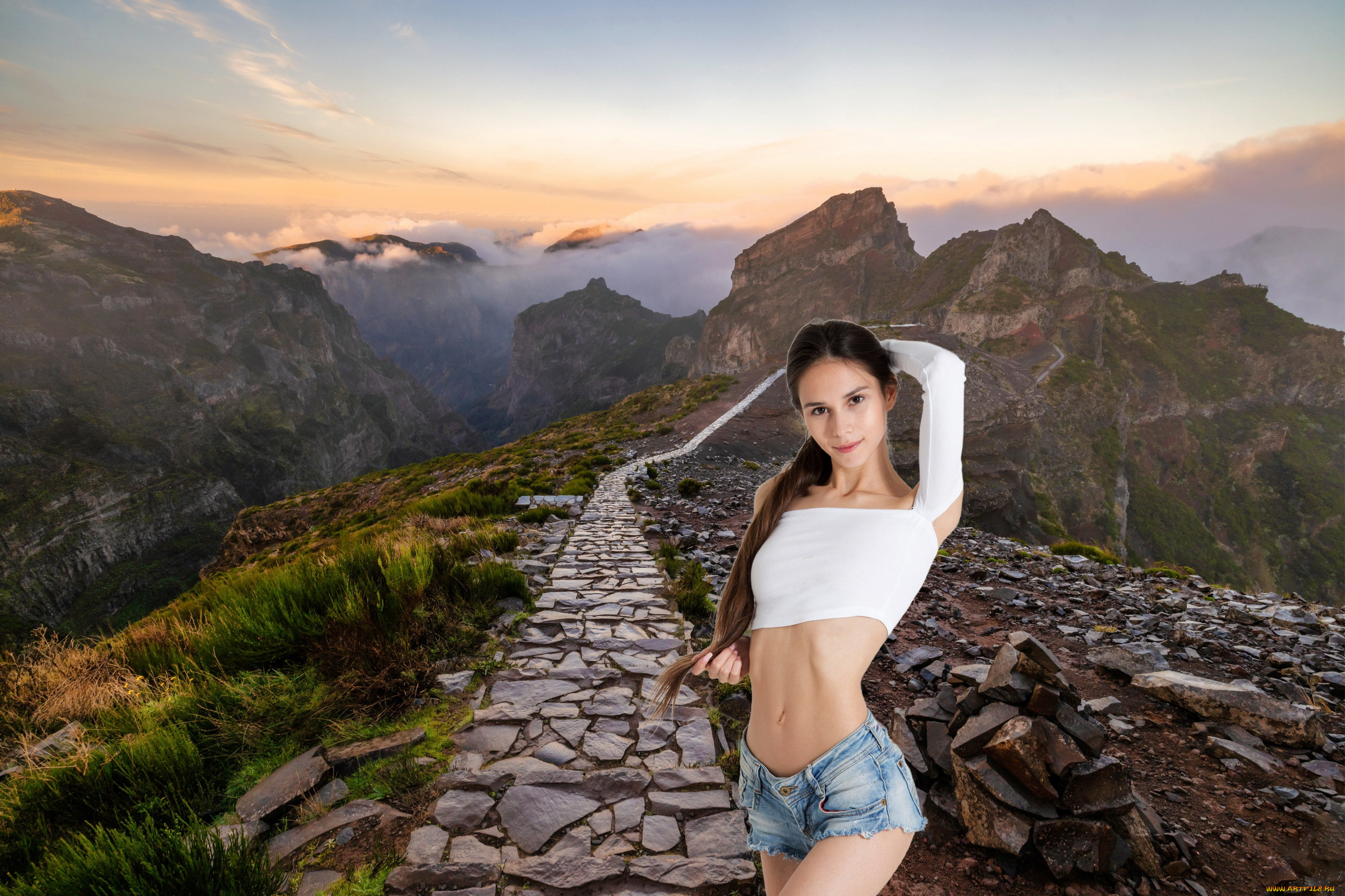 девушки, leona, mia, горы, шорты, поза, топ