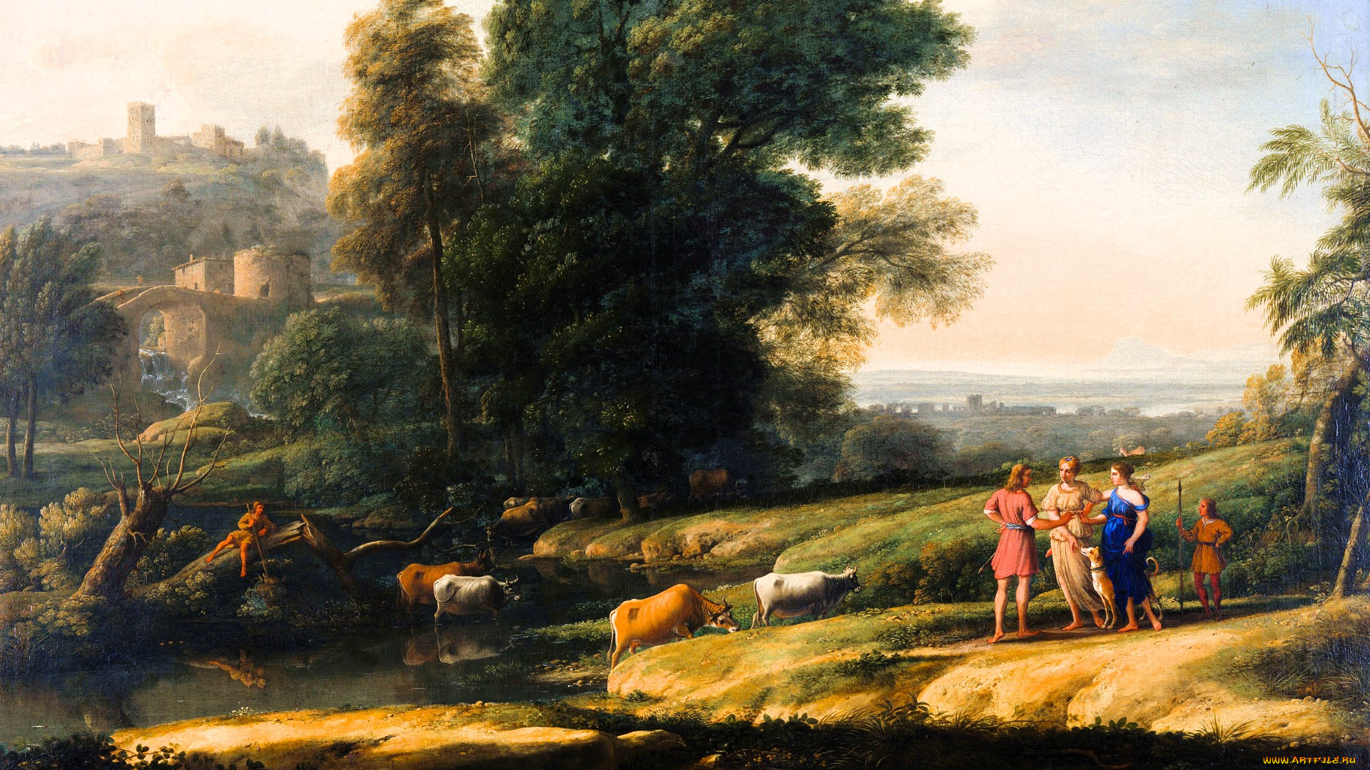 рисованное, claude, lorrain, люди, коровы, река, деревья, крепость