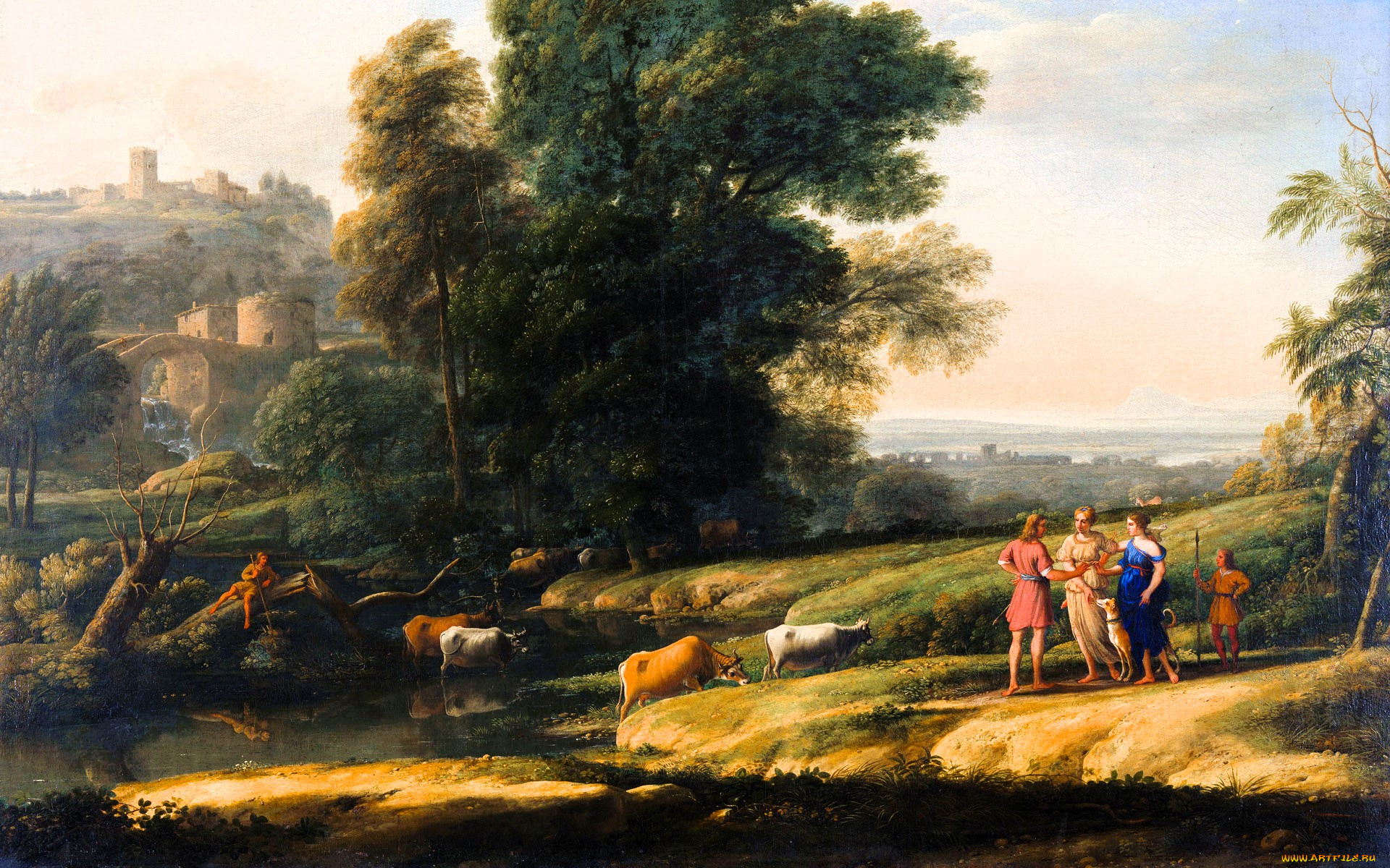 рисованное, claude, lorrain, люди, коровы, река, деревья, крепость