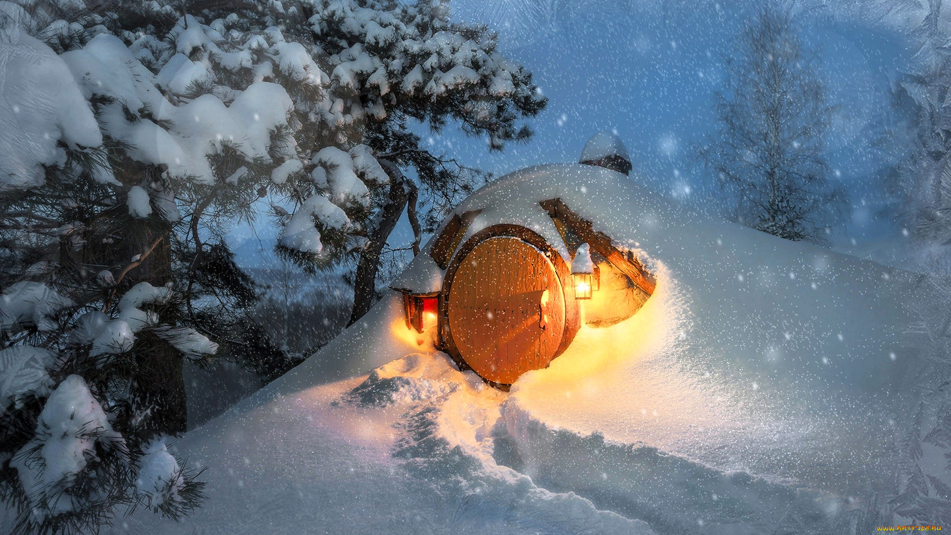 3д, графика, фантазия, , fantasy, снег, лес, зима, деревья, домик, фонари, сугроб, дорожка