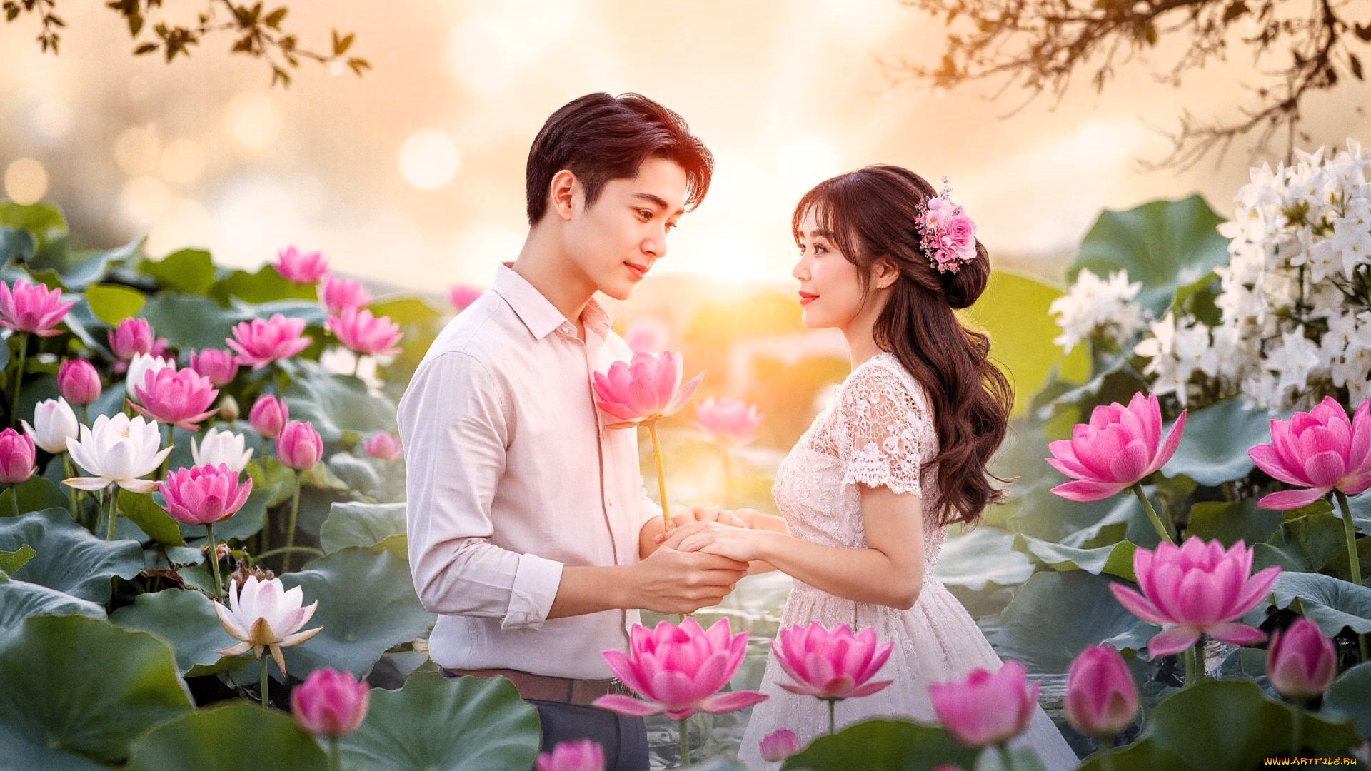 3д, графика, люди, , people, парень, девушка, любовь, озеро, лотосы, ветки