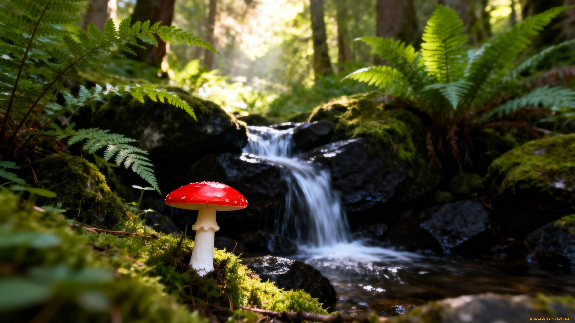 3д, графика, природа, , nature, лес, деревья, папоротник, камни, ручей, гриб, мухомор