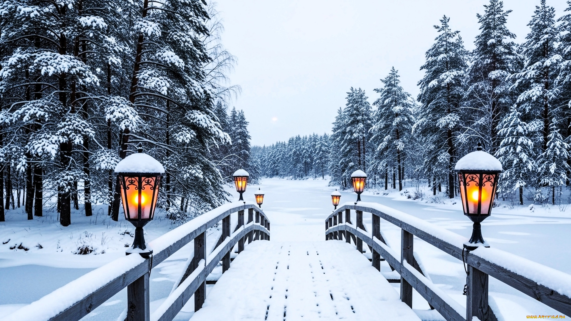 3д, графика, природа, , nature, лес, снег, зима, дорога, мост, фонари