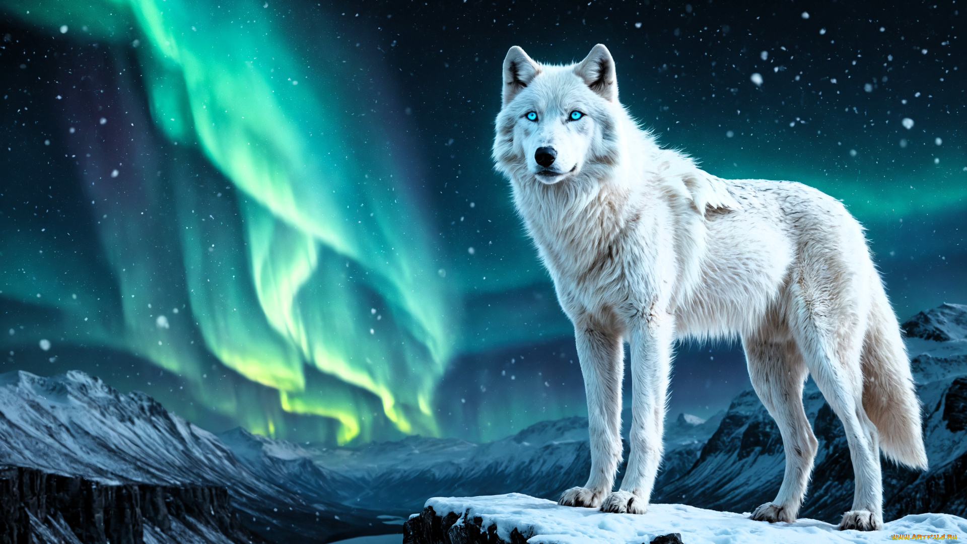 3д, графика, животные, , animals, волк, белый, скалы, снег, северное, сияние