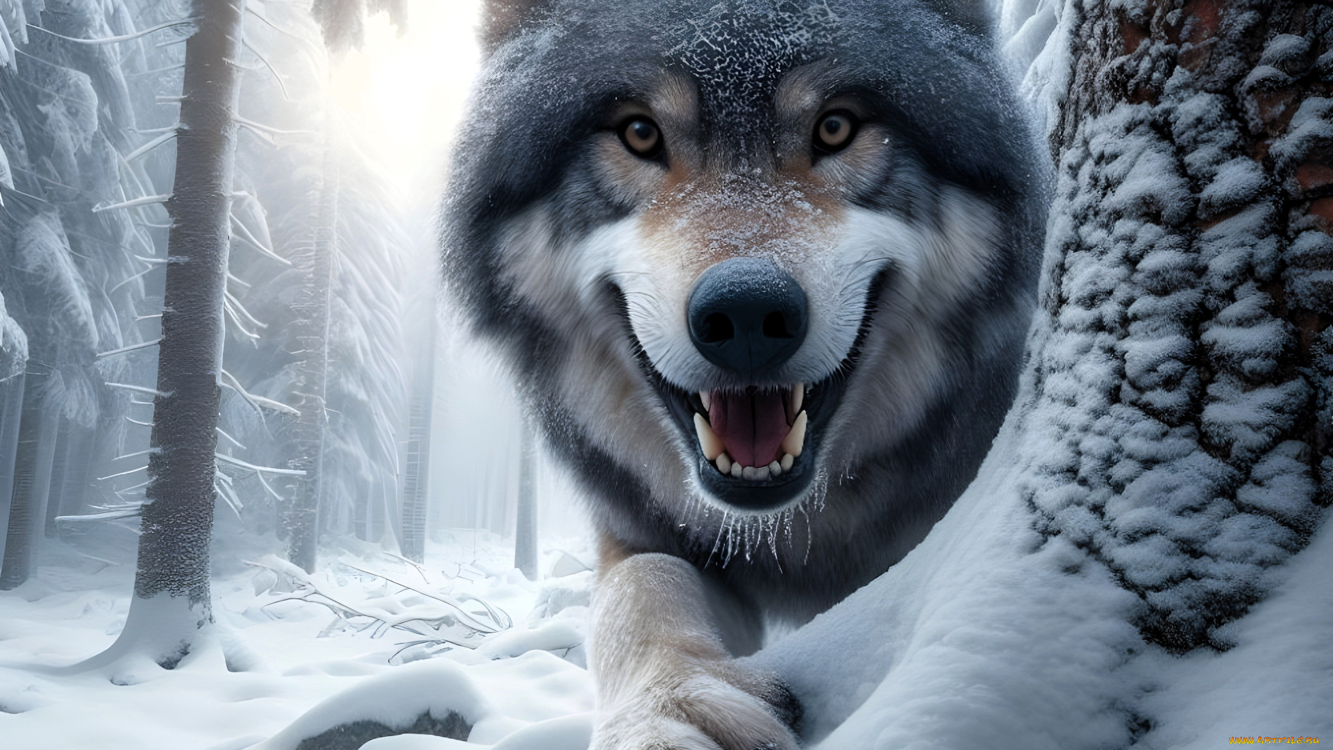 3д, графика, животные, , animals, волк, голова, лапа, лес, деревья, снег, зима