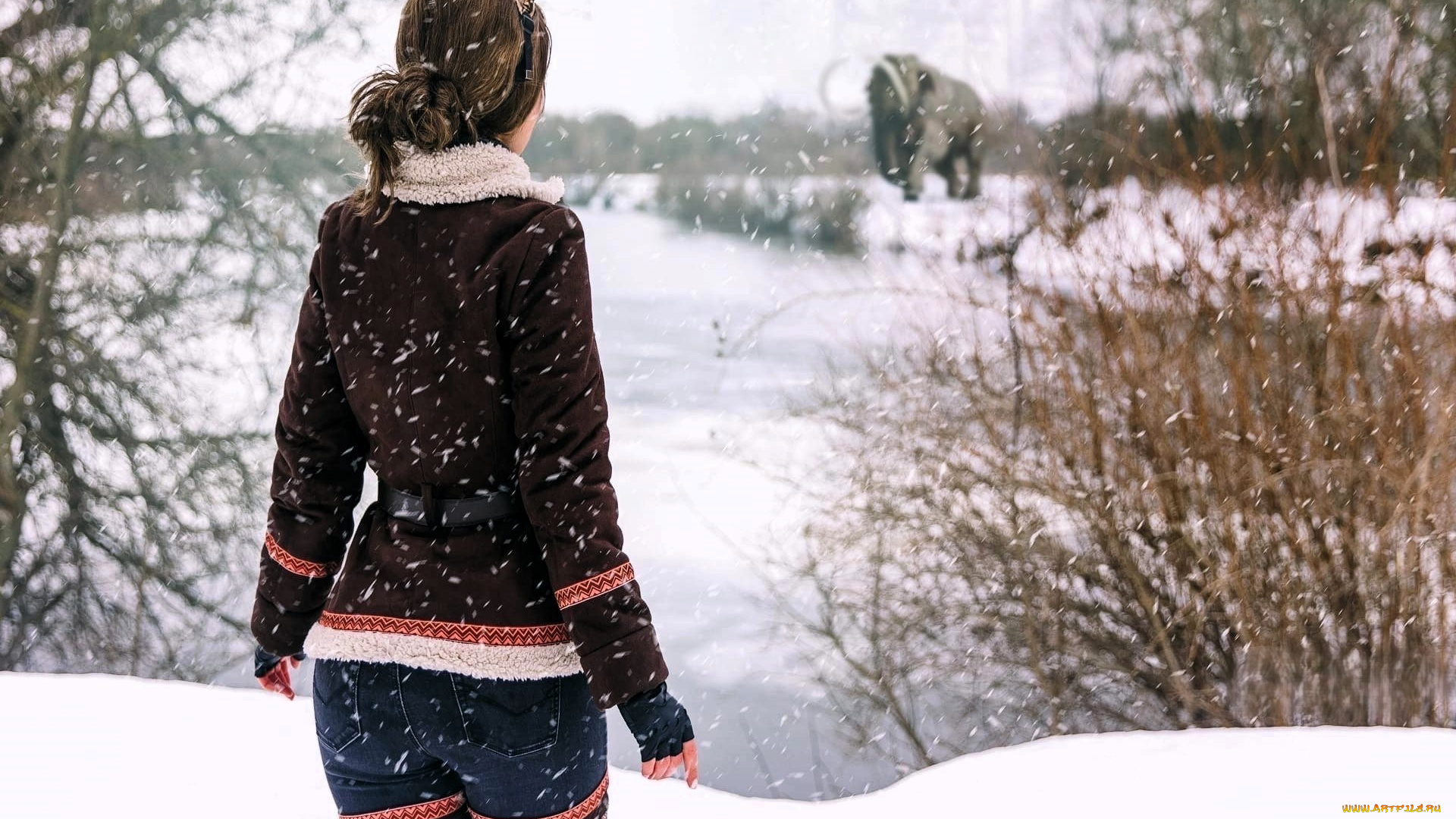 девушки, анна, шаховская, образ, косплей, наряд, куртка, снег, зима, озеро, лес, мамонт