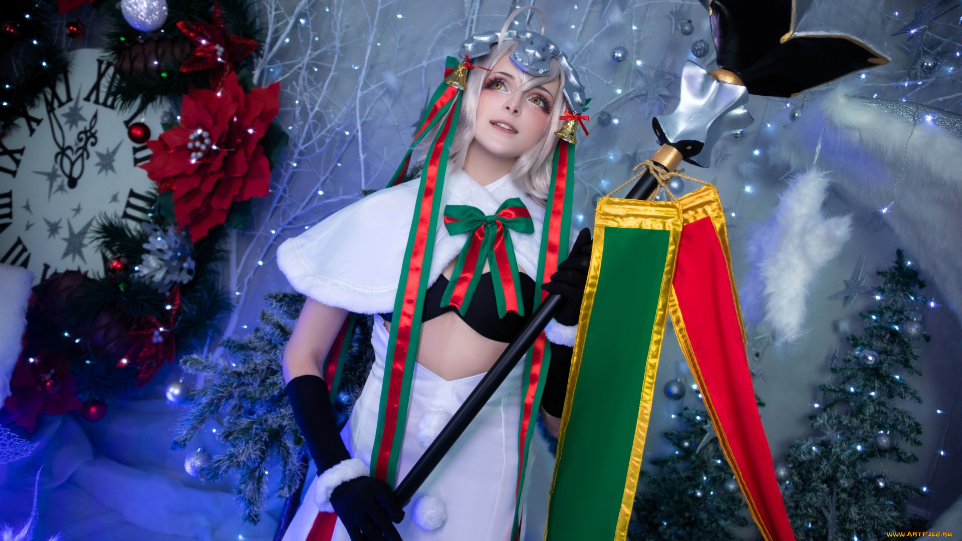 девушки, mari, aisu, образ, косплей, наряд, костюм, новый, год, посох, часы, украшения, ёлки