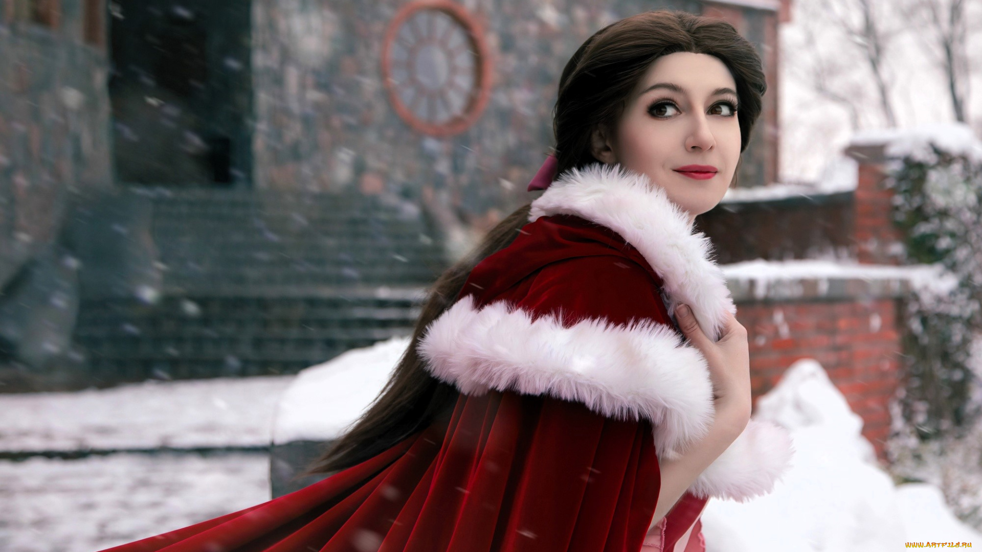 девушки, tomka, violea, образ, косплей, наряд, костюм, плащ, зима, замок, снег