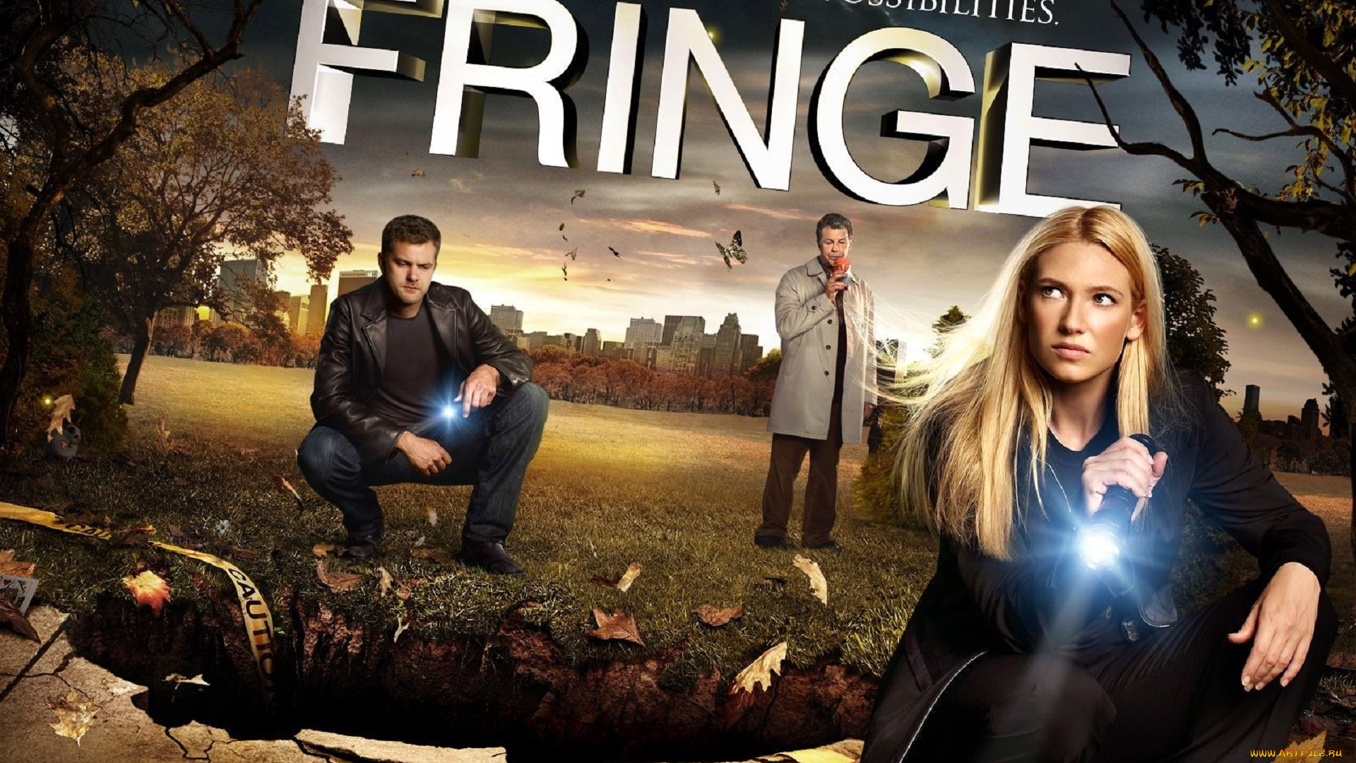 кино, фильмы, fringe, , сериал, люди, фонарики, город, парк, яма