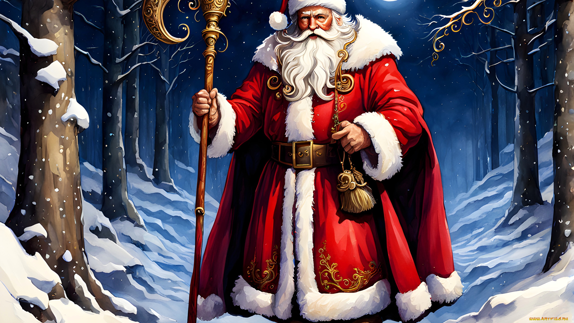 праздничные, дед, мороз, , санта, клаус, дед, мороз, посох, луна, лес, снег