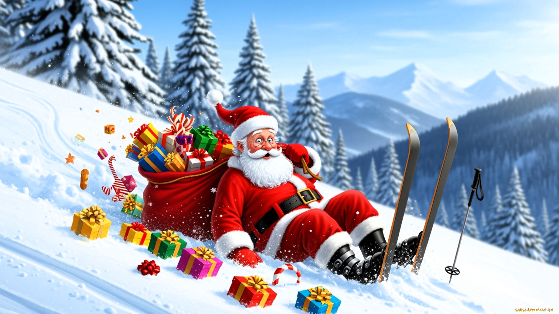 праздничные, дед, мороз, , санта, клаус, санта, клаус, лыжи, снег, подарки, мешок