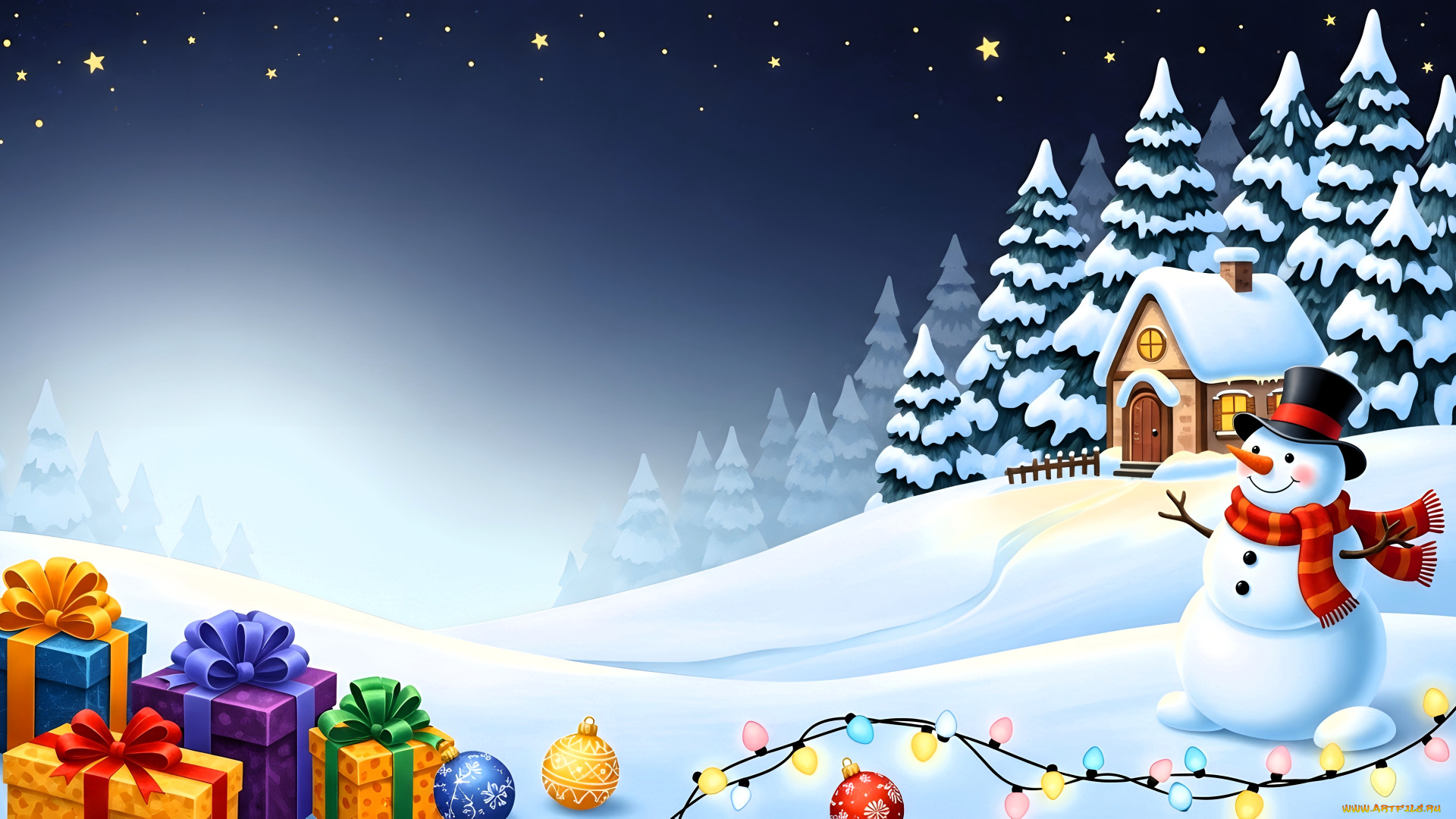 праздничные, снеговики, ёлки, домик, снеговик, снег, подарки, гирлянда, звезды