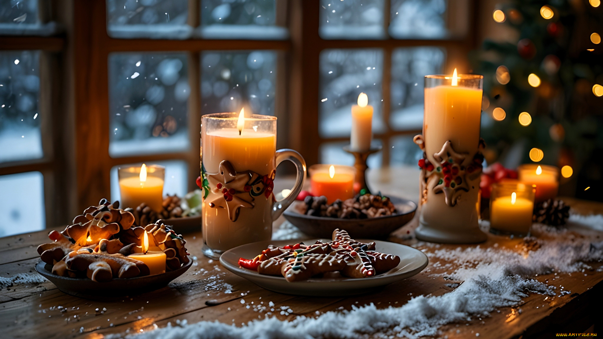 праздничные, угощения, свечи, тарелки, пряники, стол, ёлка, снег, окно