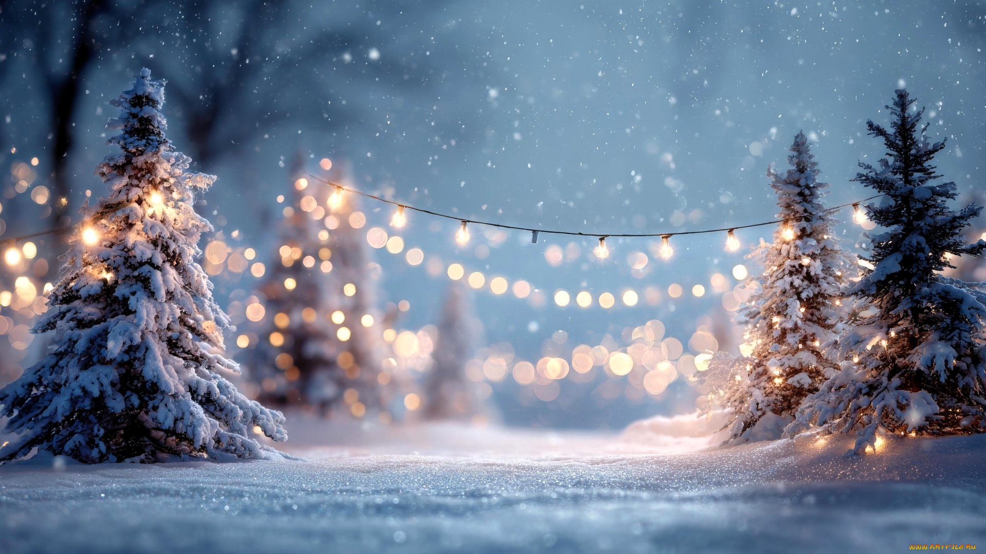 праздничные, ёлки, снег, зима, гирлянды, новый, год